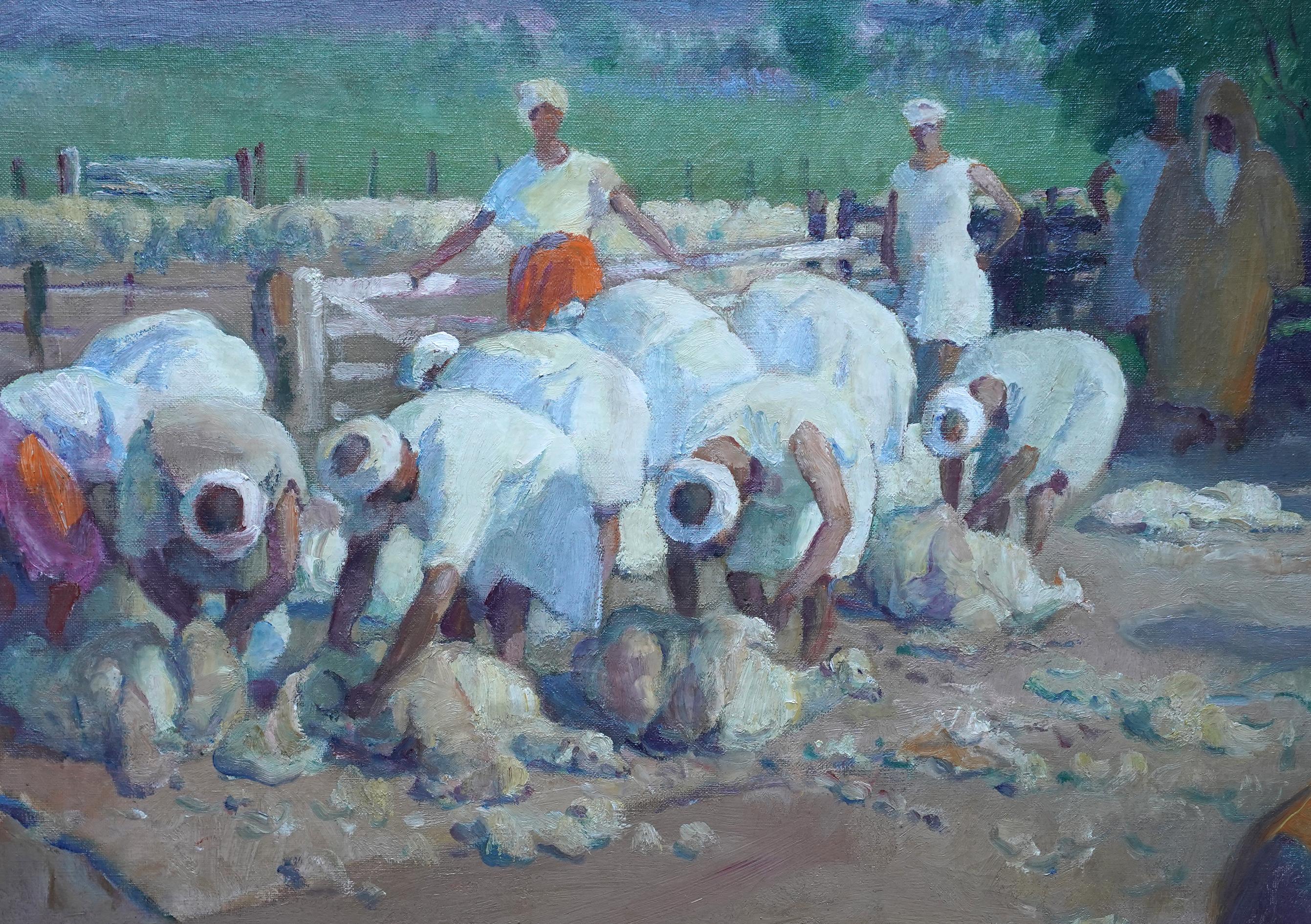 Sheep Shearers, Tangiers - British 1920's Orientalist figurative oil painting - Post-Impressionist Painting by Spencer Pryse