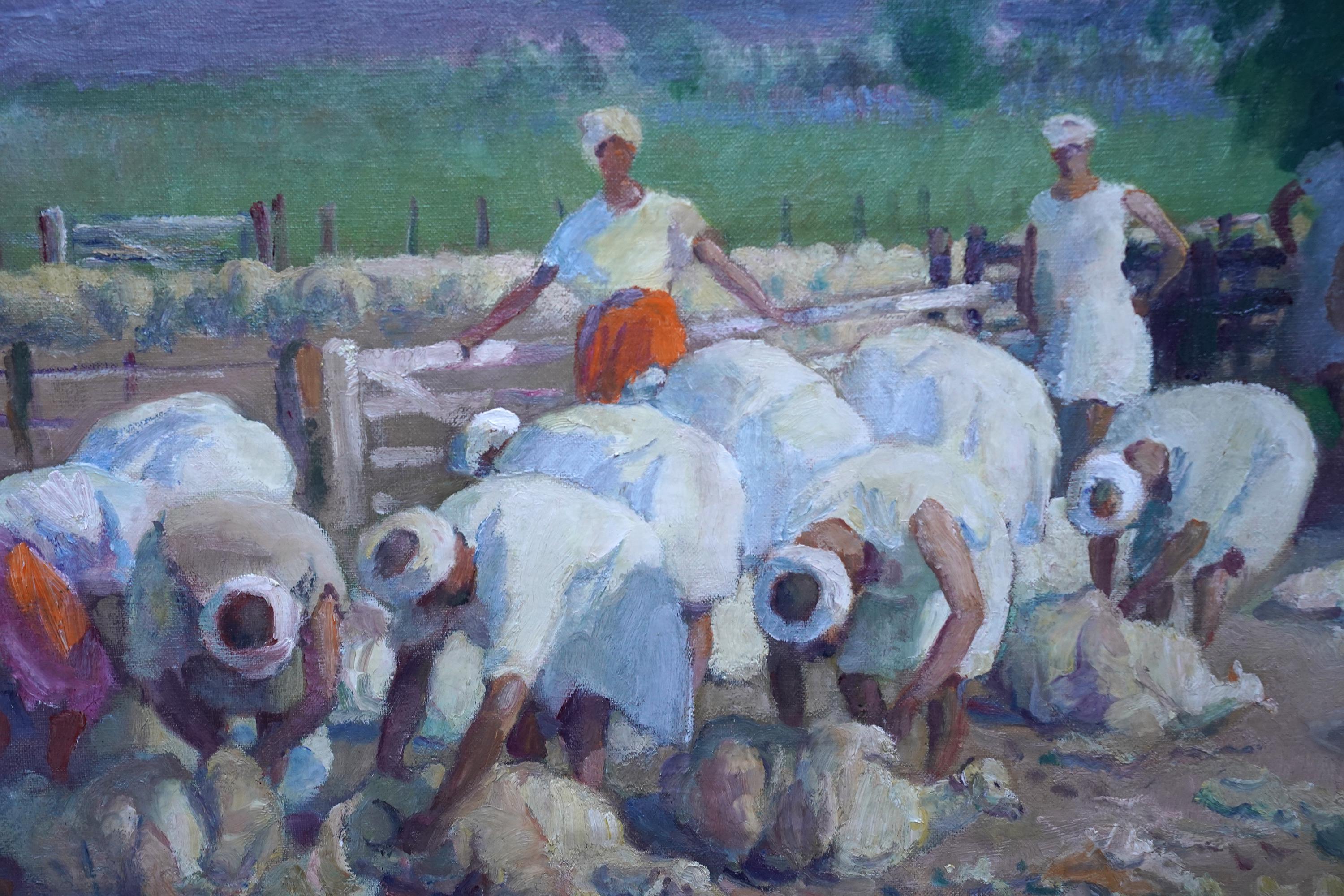 Sheep Shearers, Tangiers - British 1920's Orientalist figurative oil painting - Gray Animal Painting by Spencer Pryse