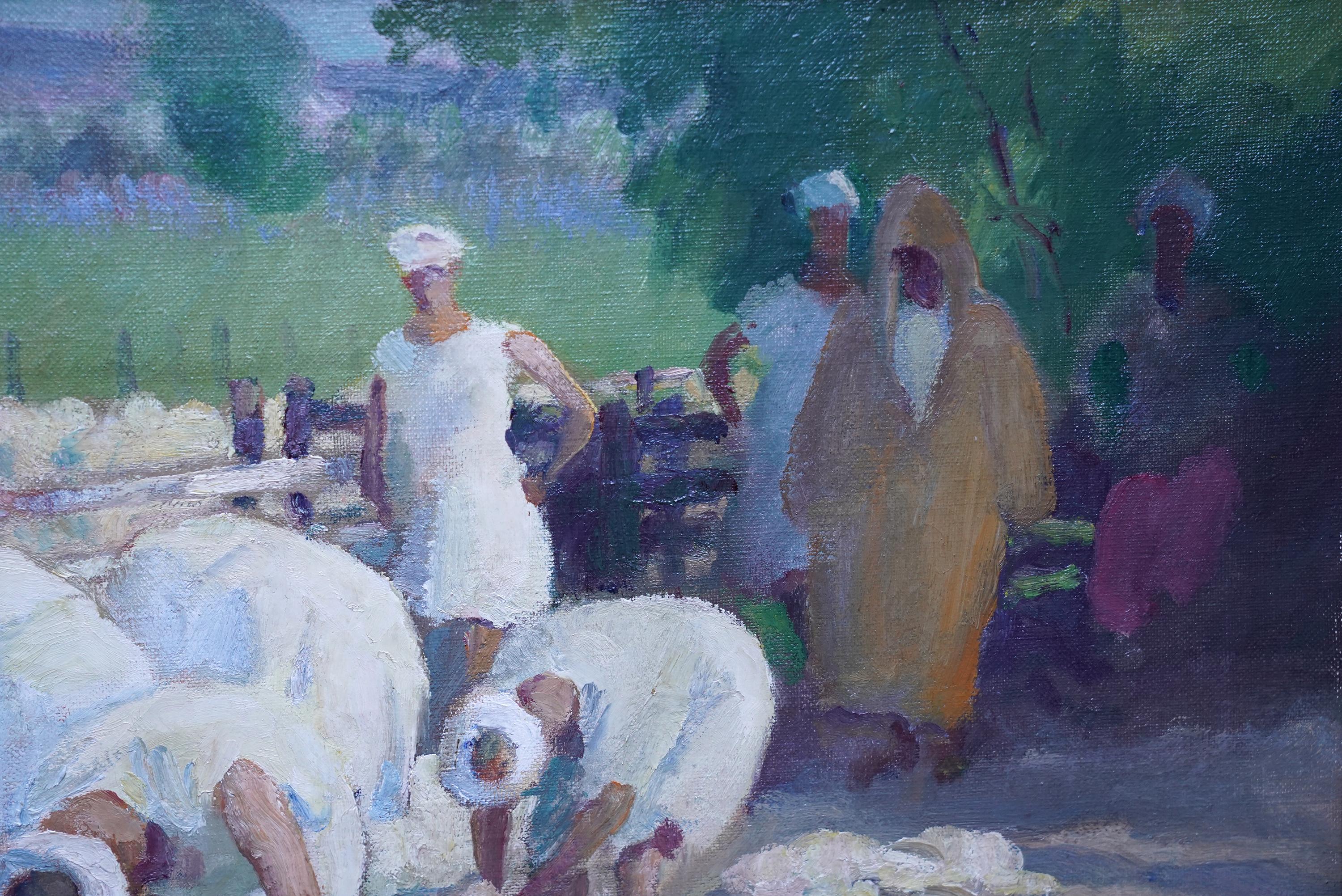 This superb vibrant Orientalist Post Impressionist oil painting is by noted British artist Gerald Spencer Pryse. It was painted about 1925 when Pryse was visiting Morocco and Northern Africa. The subject matter of the painting is a group of workers