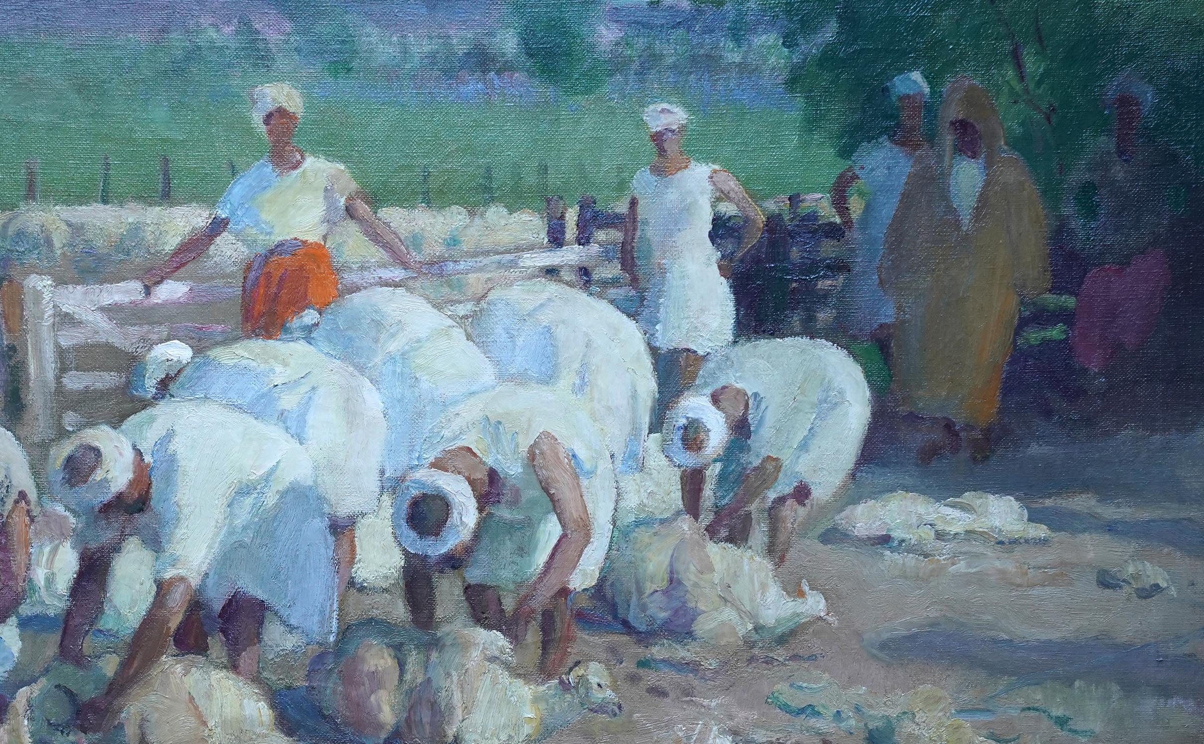 Sheep Shearers, Tangiers - British 1920's Orientalist figurative oil painting For Sale 3