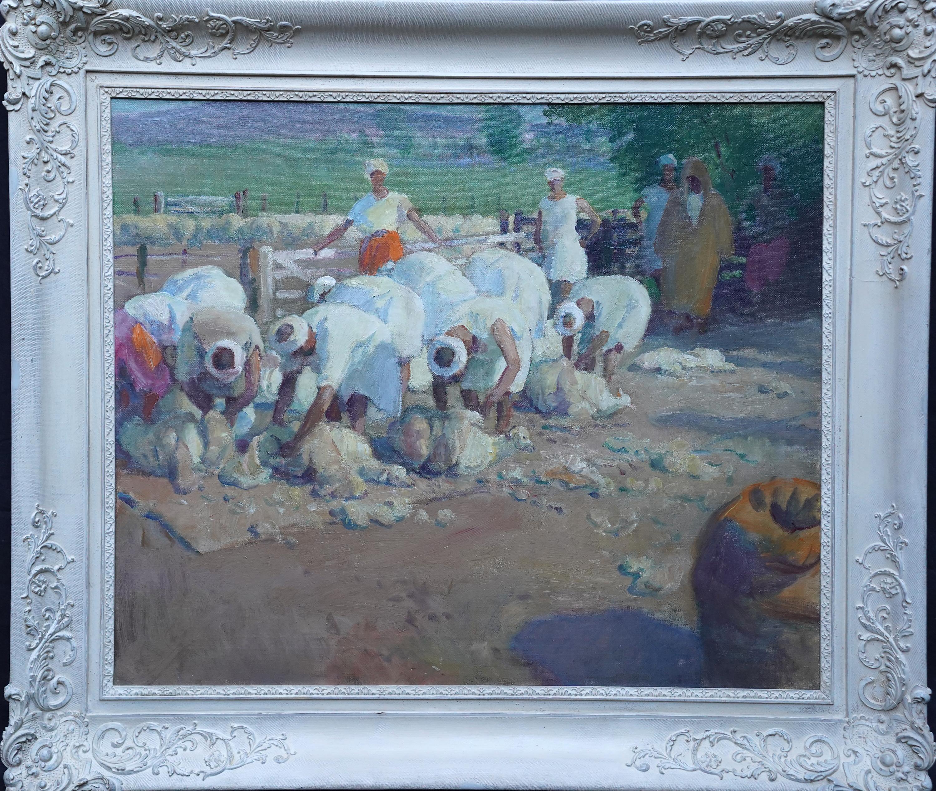 Spencer Pryse Animal Painting - Sheep Shearers, Tangiers - British 1920's Orientalist figurative oil painting