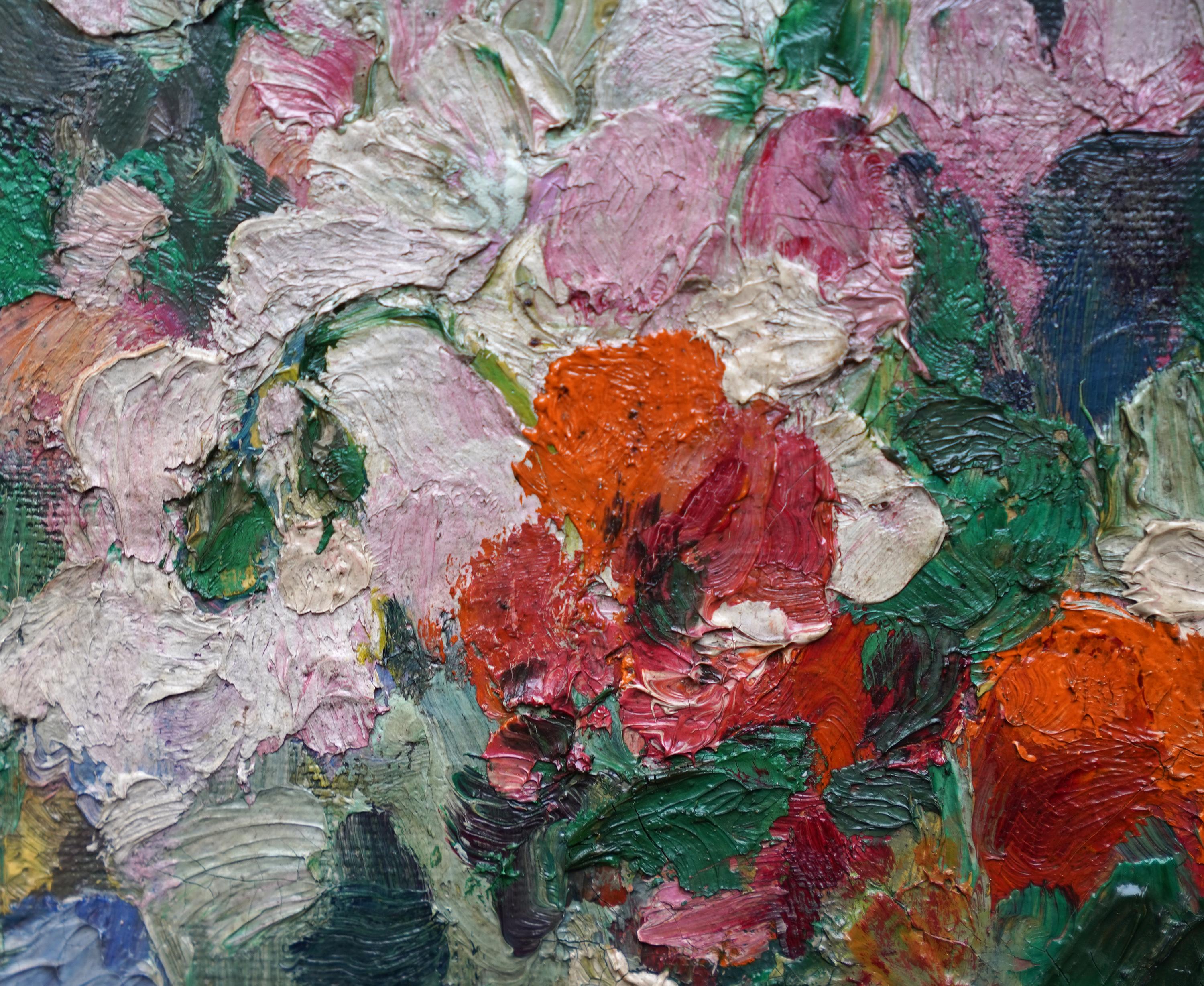 Peinture à l'huile britannique des années 1930 - Nature morte florale de paon 7