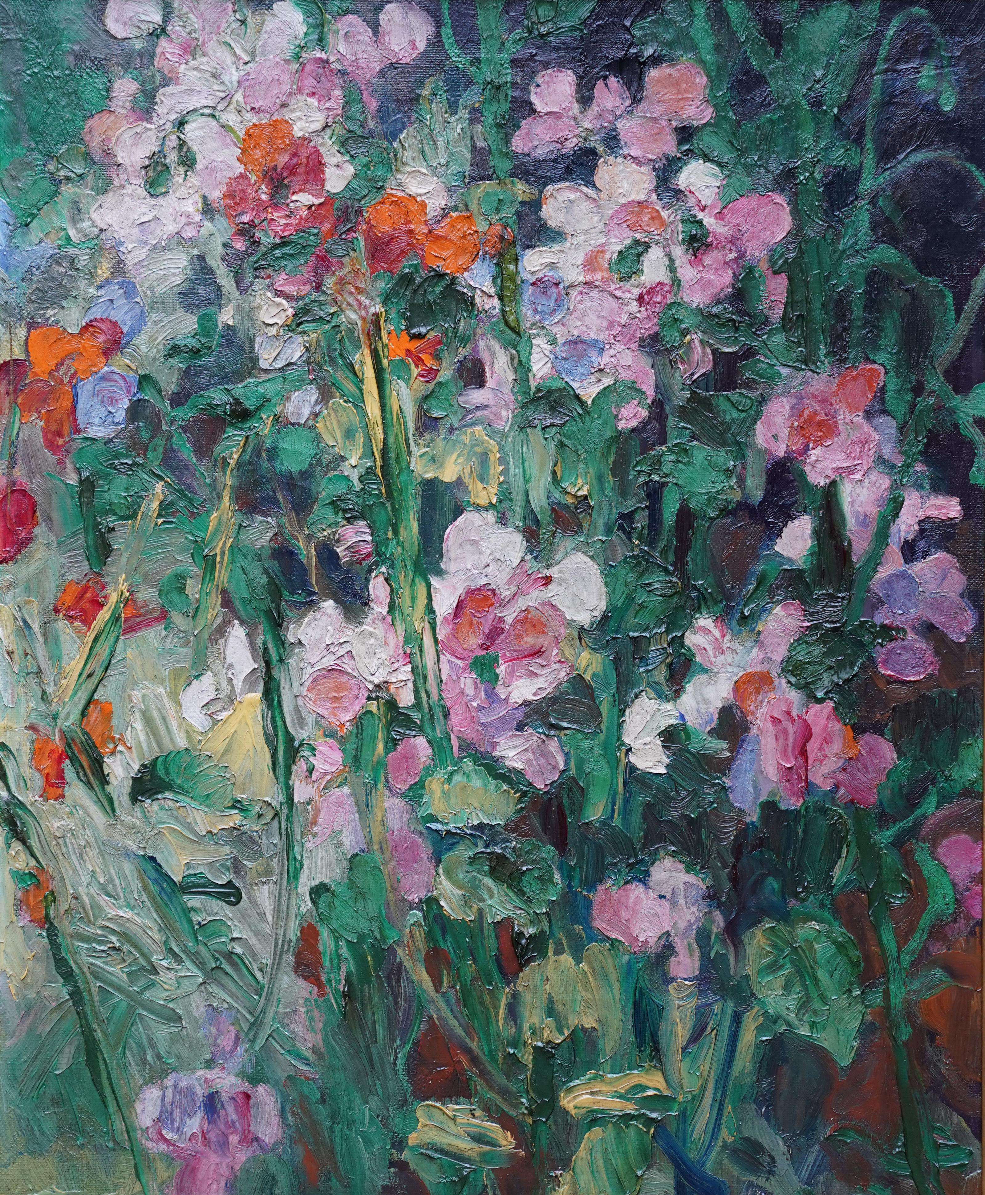 Peinture à l'huile britannique des années 1930 - Nature morte florale de paon - Painting de Spencer Pryse