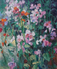Fiori di Sweet Pea - pittura ad olio di natura morta floreale inglese degli anni Trenta