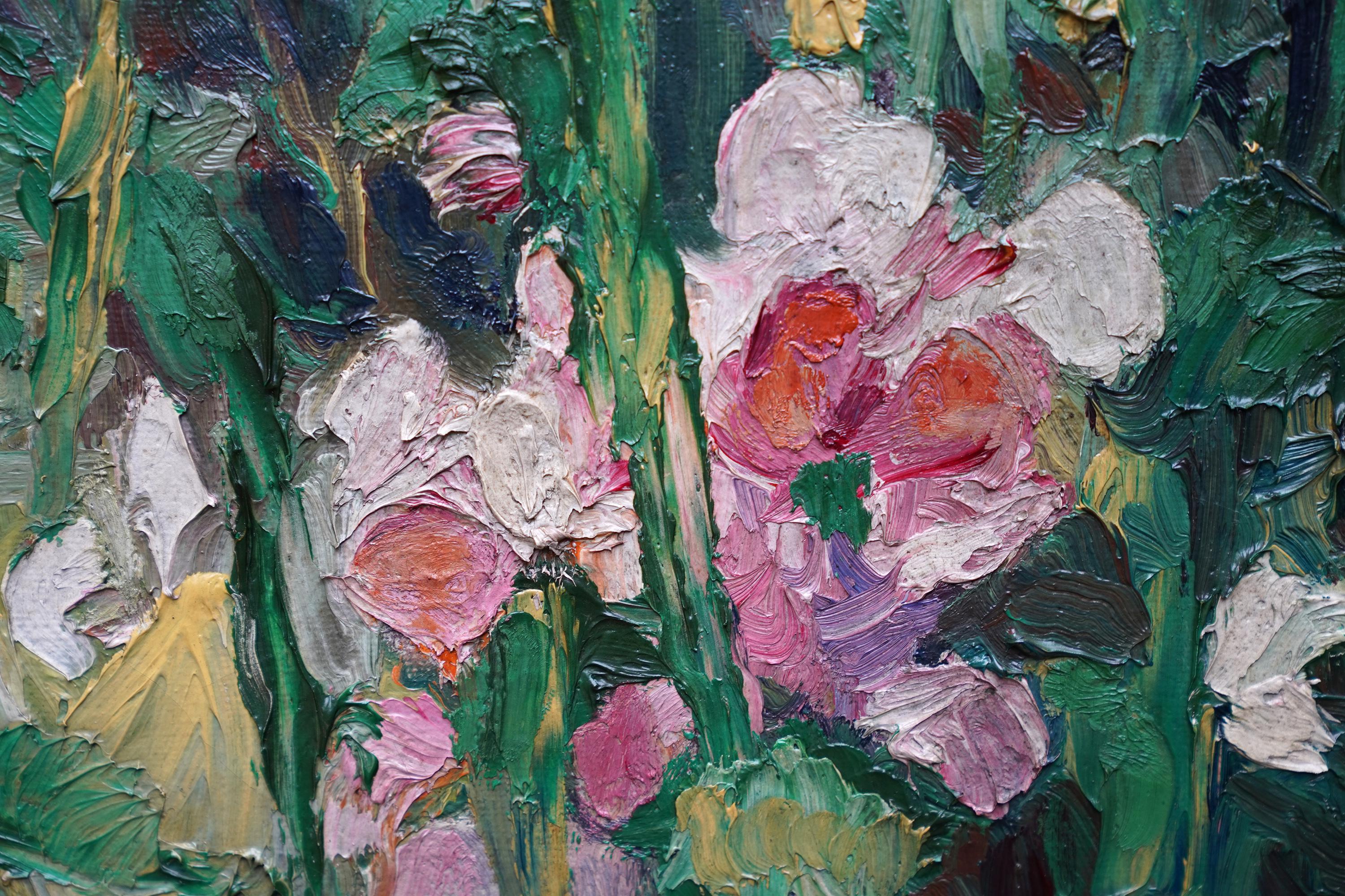 Peinture à l'huile britannique des années 1930 - Nature morte florale de paon 4