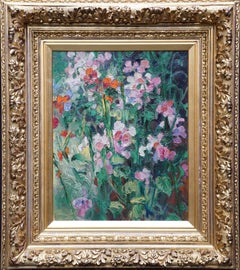 Antique sweet Pea Flowers - British 1930's art floral still life oil painting