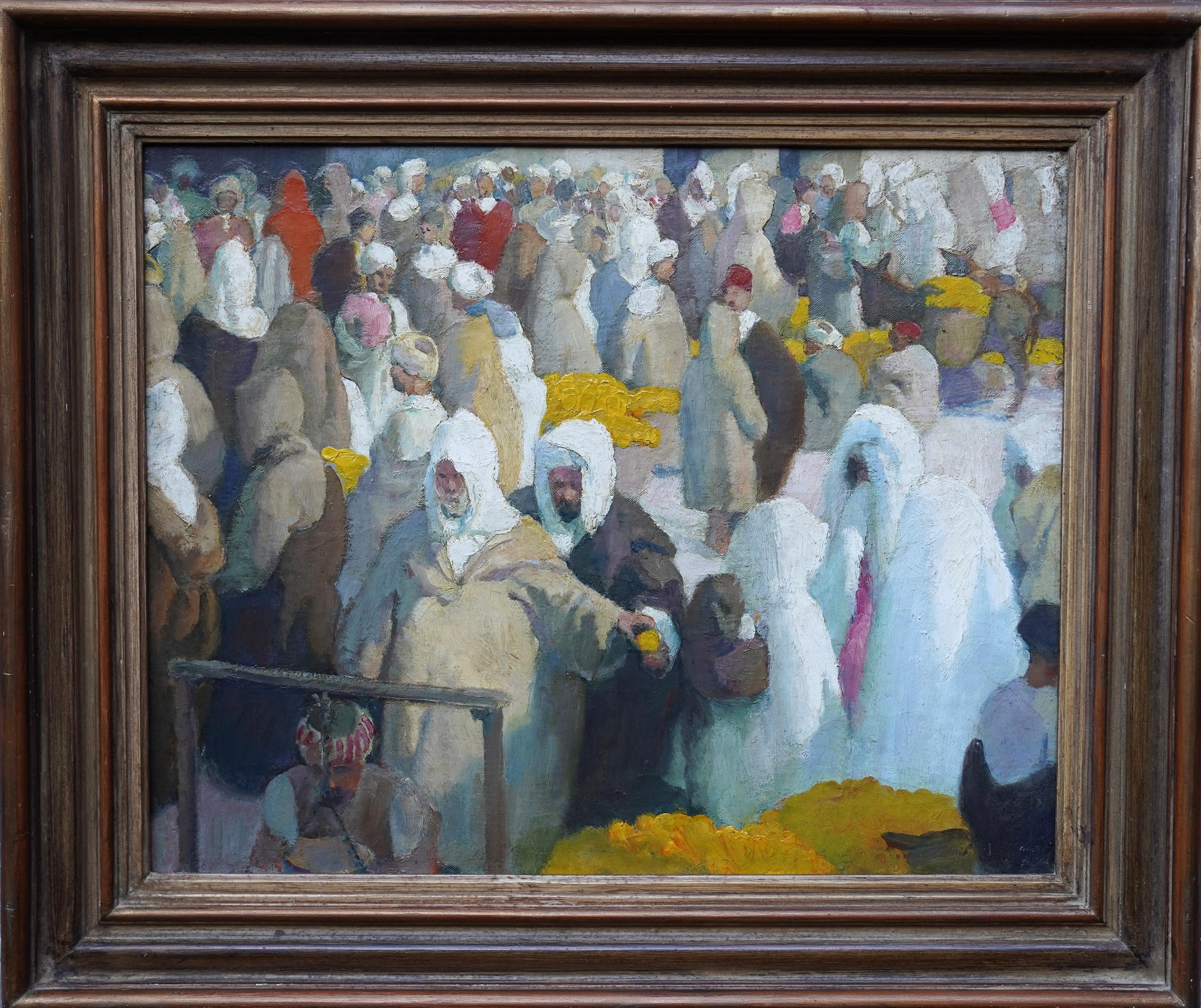 Spencer Pryse Portrait Painting – Tangiers Zitronenmarkt - Britisches orientalisches figurales Ölgemälde aus den 1920er Jahren 