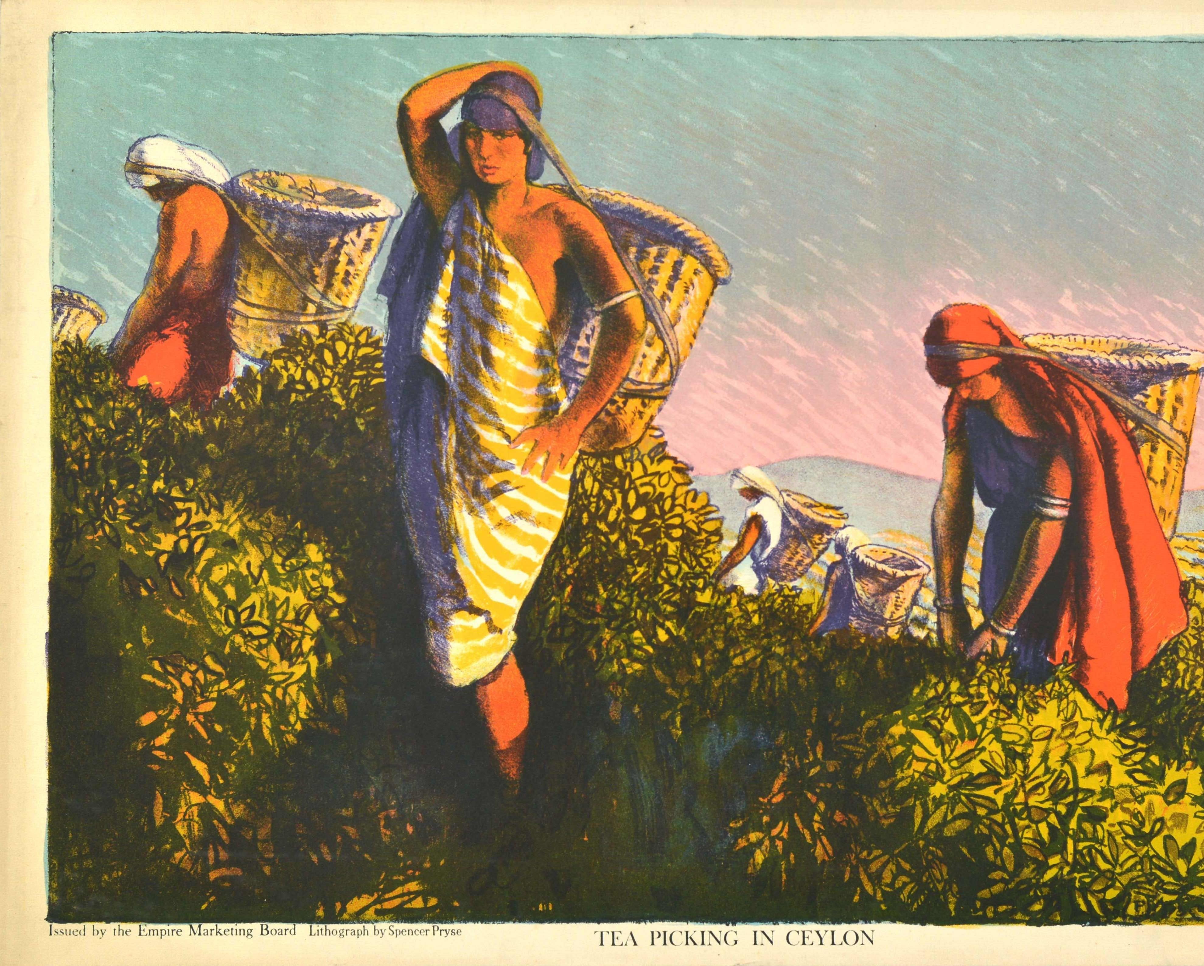 Original antique Empire Marketing Board poster - Tea Picking in Ceylon (Sri Lanka) - featuring workers in a tea plantation filling their baskets with tea leaves in front of hills in the distance and a light blue and pink shaded sky above. Lithograph