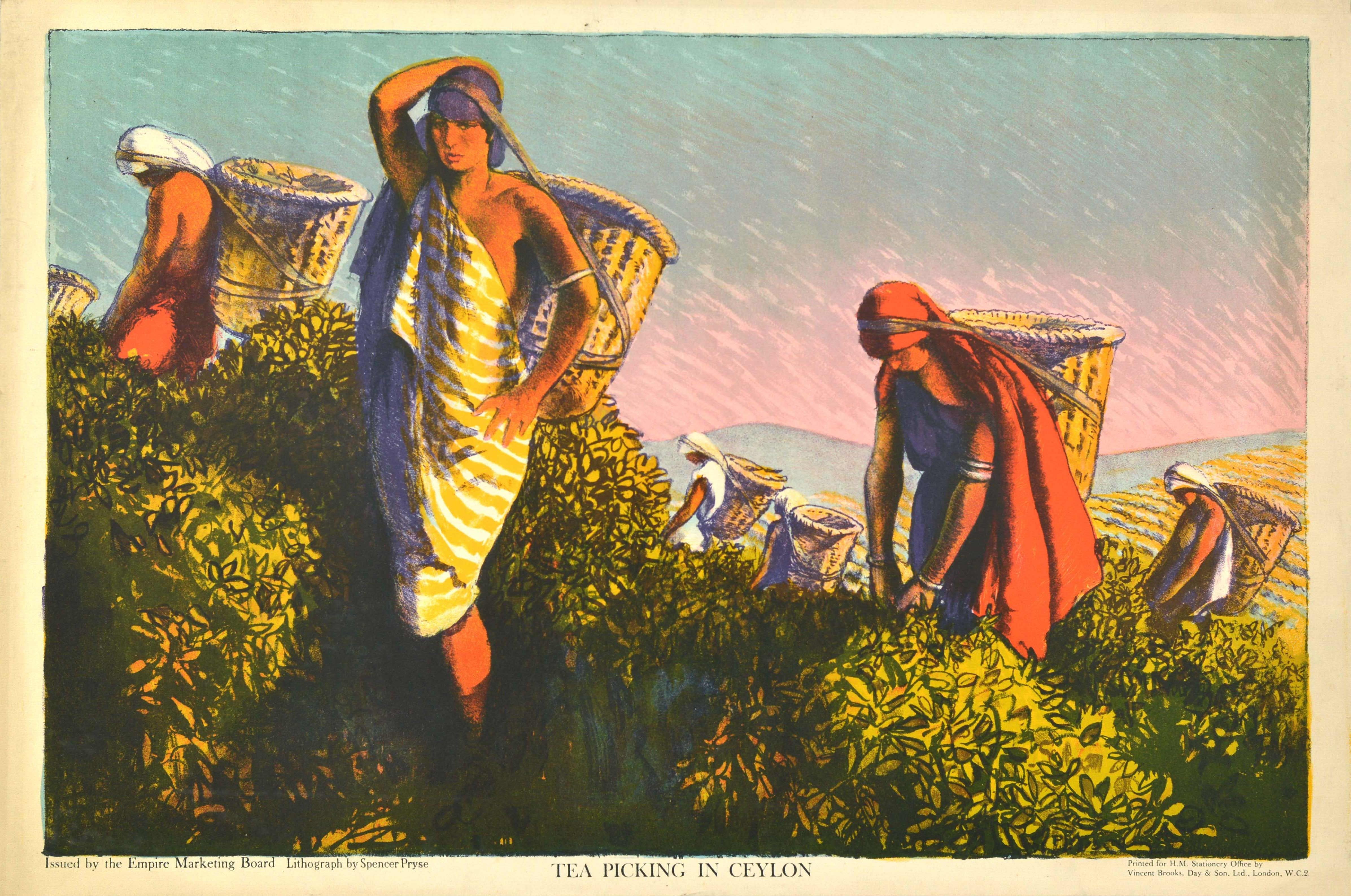 Spencer Pryse Print – Original Antikes Werbeplakat „Tee Picking In Ceylon“, Sri Lanka, Empire