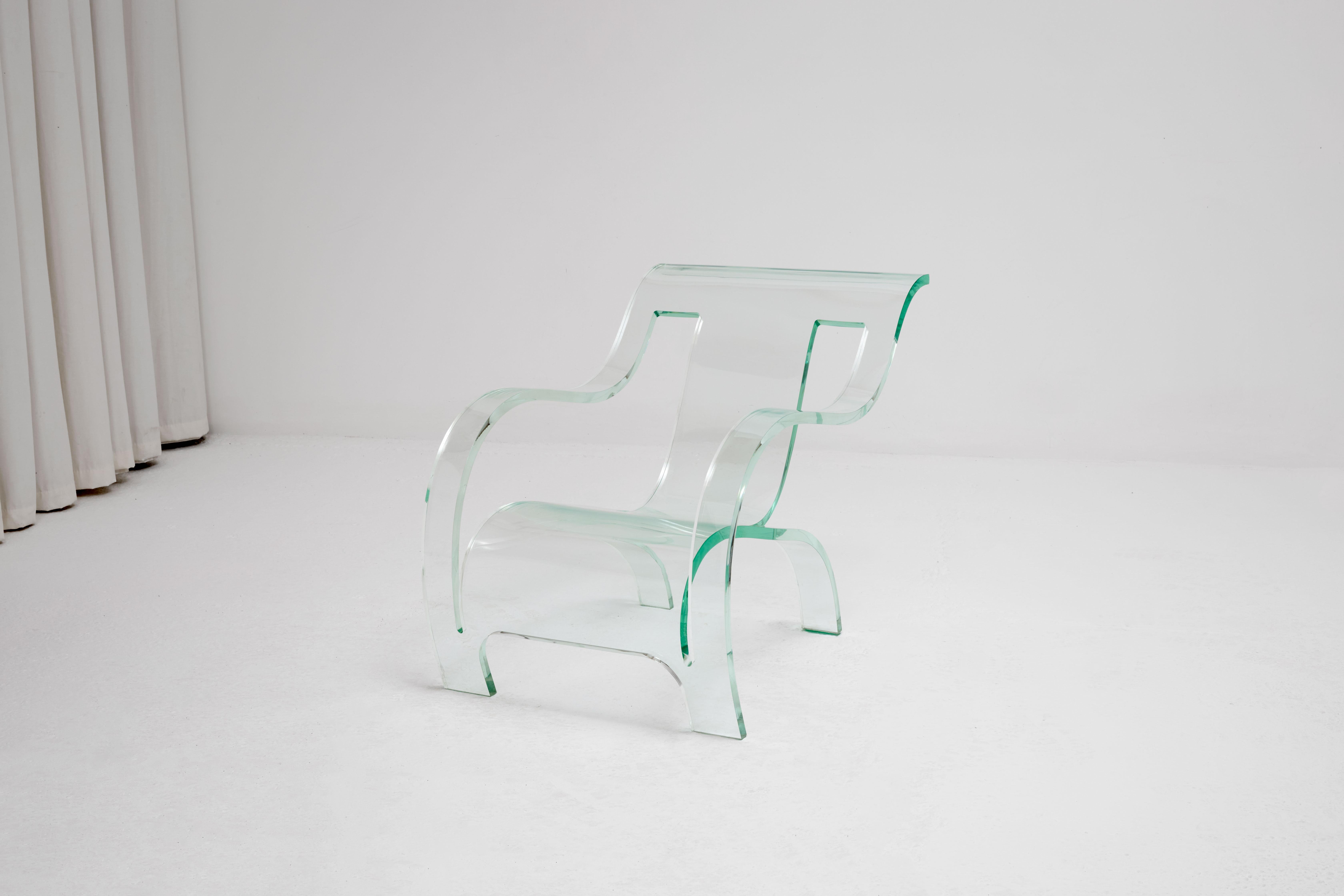 A beautiful example of Gerald Summers iconic 1934 plywood chair design, reimagined in lucite (plexiglass), circa 1970’s. The condition is good with some minor wear and scratches consistent with age.

Dimensions: H70cm W60cm D91cm SH33cm

