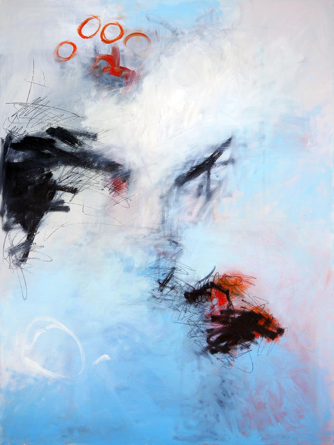 Abstract Painting Gerald Syler - ""Untitled 5"" Grande peinture expressionniste abstraite noire, orange et bleu clair