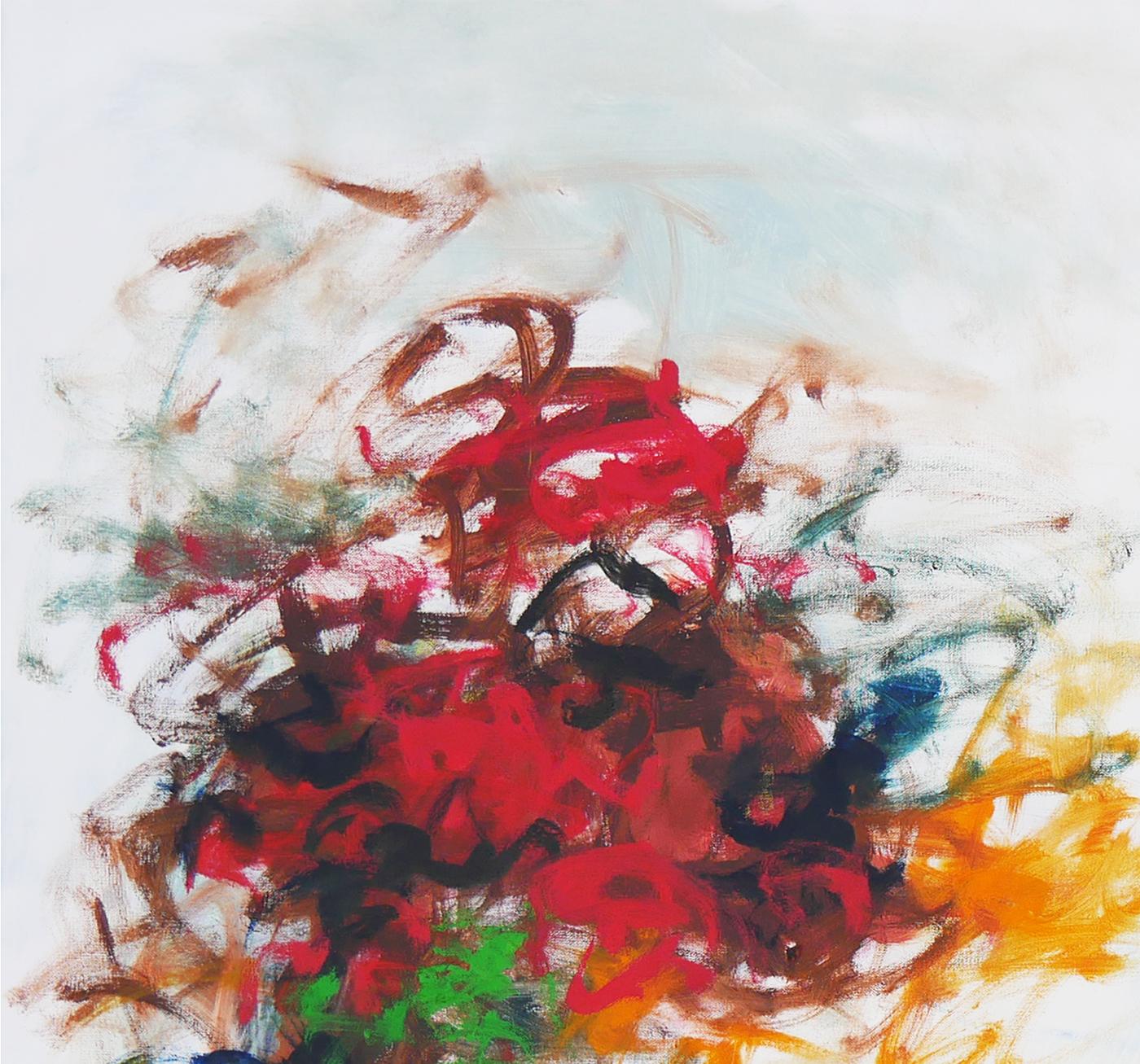Red, yellow, blue, and green abstract expressionist painting by Texas artist Gerald Syler. The work features a balanced composition of large, colorful brush strokes set against a light background. Signed, titled, and dated by artist on reverse.