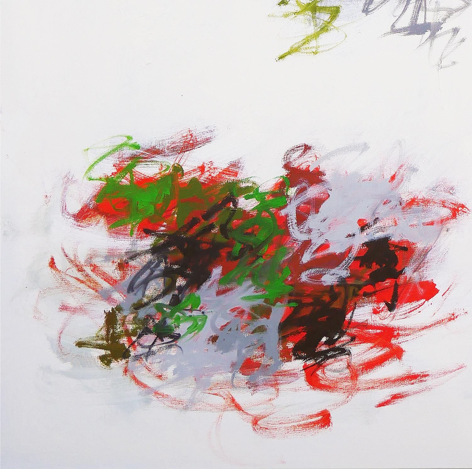 Rotes, schwarzes und grünes abstraktes expressionistisches Gemälde des texanischen Künstlers Gerald Syler. Das Werk zeichnet sich durch eine ausgewogene Komposition aus großen, farbigen Pinselstrichen auf der Leinwand aus. Rückseitig vom Künstler