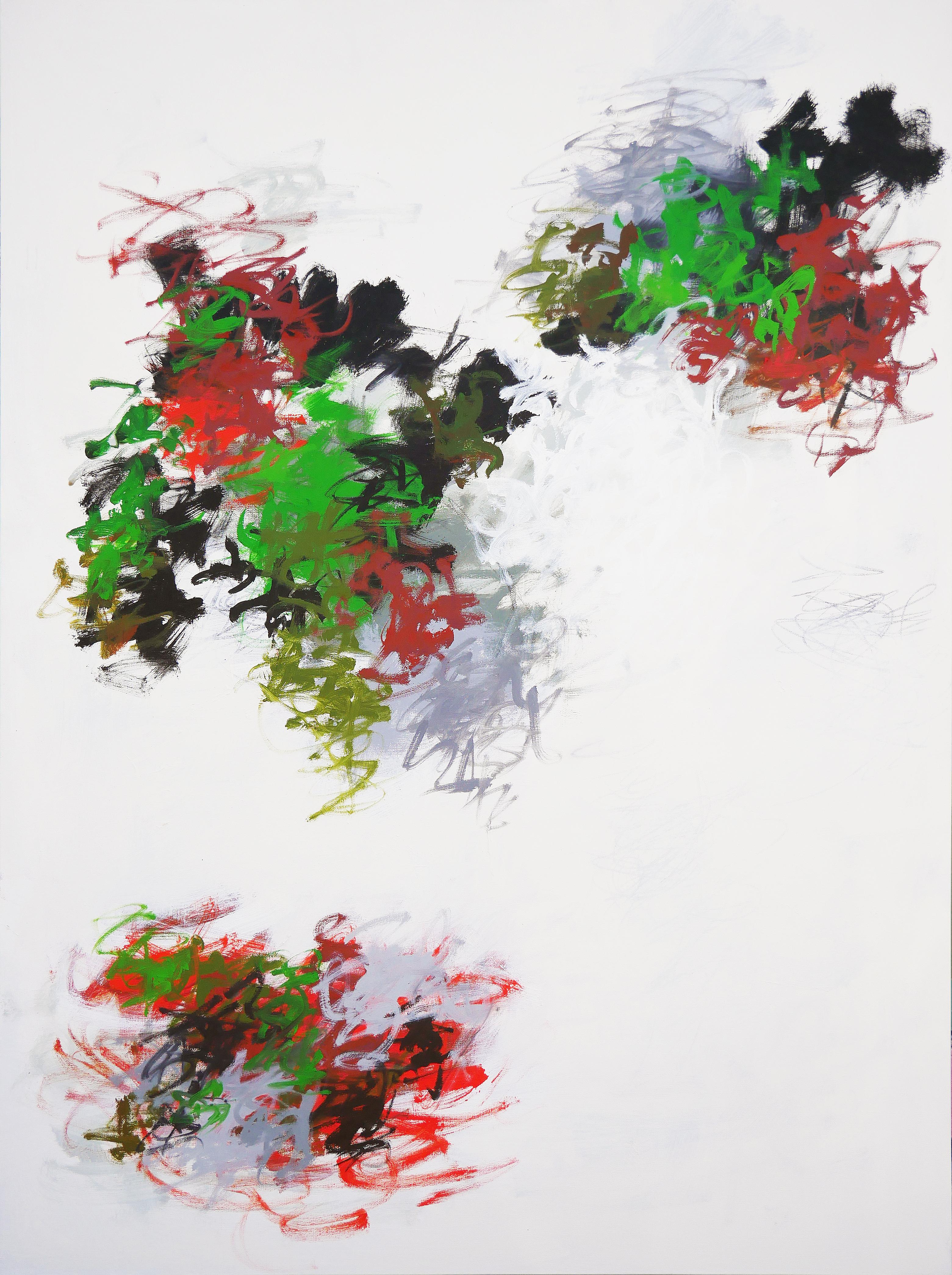 ""Untitled 60"" Grande peinture expressionniste abstraite rouge, noire et verte