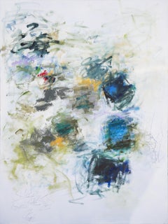 Peinture expressionniste abstraite vert clair, bleue et jaune sans titre 71