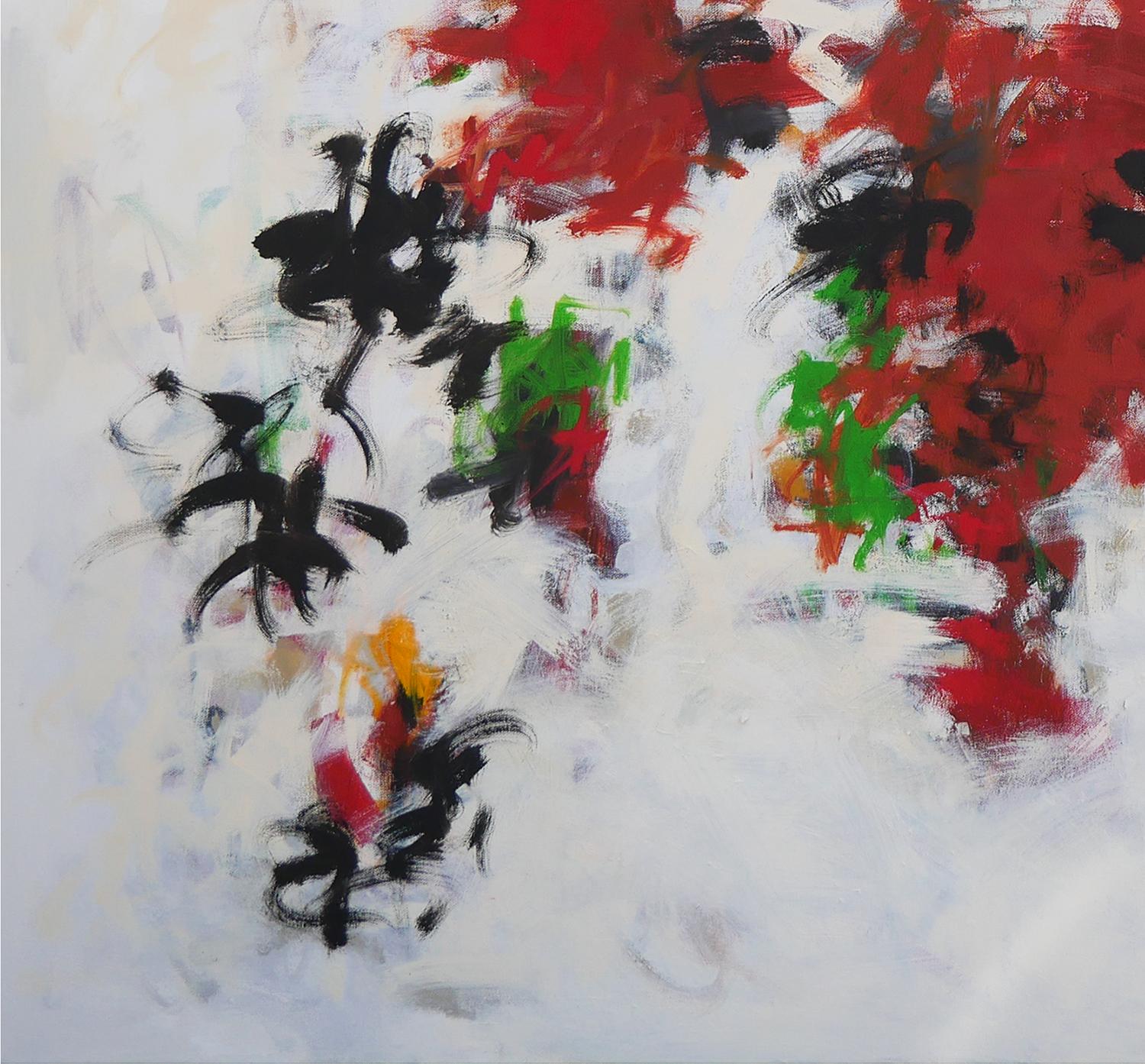Peinture expressionniste abstraite rouge, noire et verte de l'artiste texan Gerald Syler. L'œuvre présente une composition équilibrée de grands coups de pinceau colorés, noirs et rouges, avec des accents verts et jaunes. Signé, titré et daté par