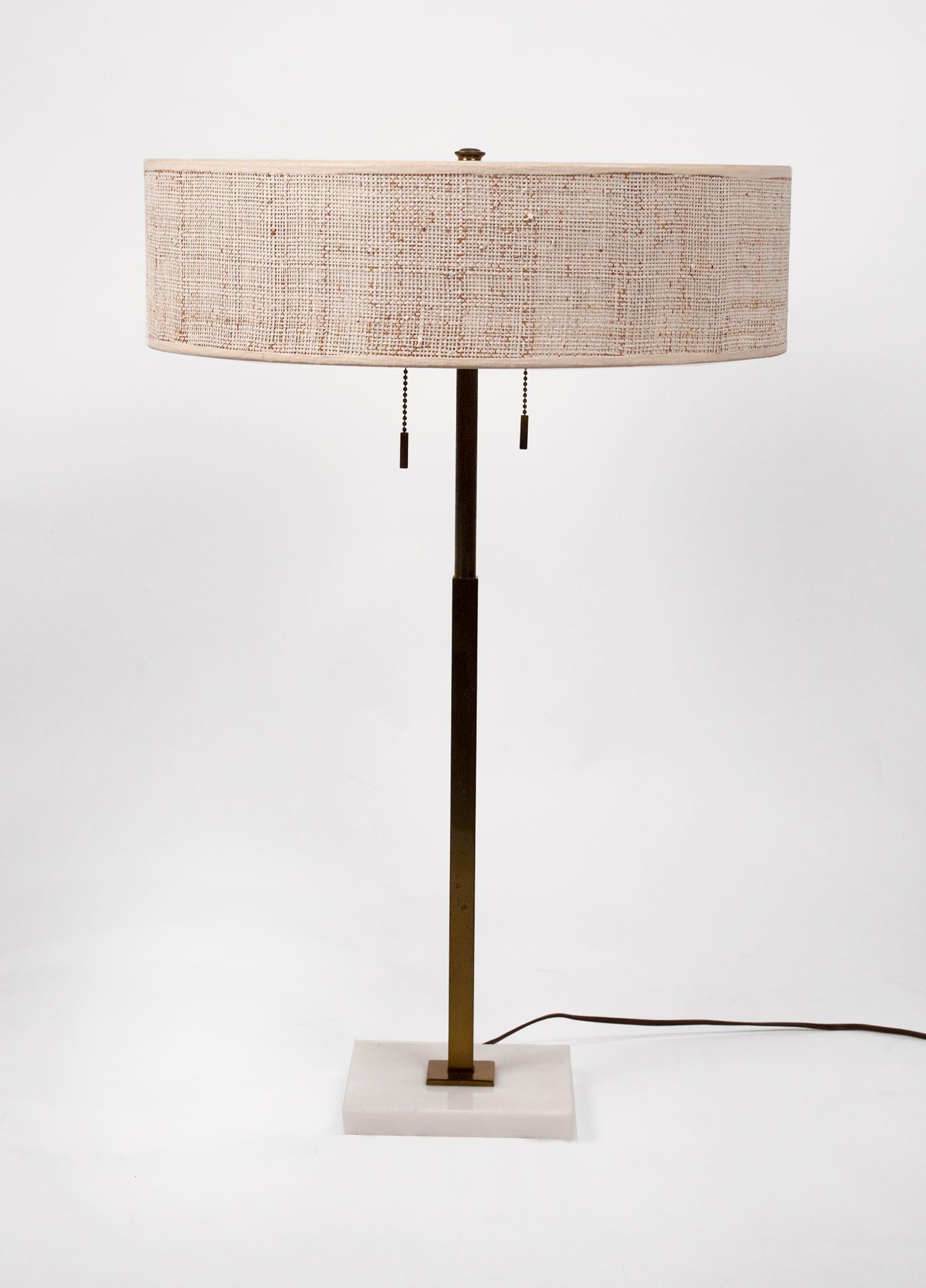 Signed mid century modern Stiffel table lamp with white marble base and original lacquered shade and diffuser.