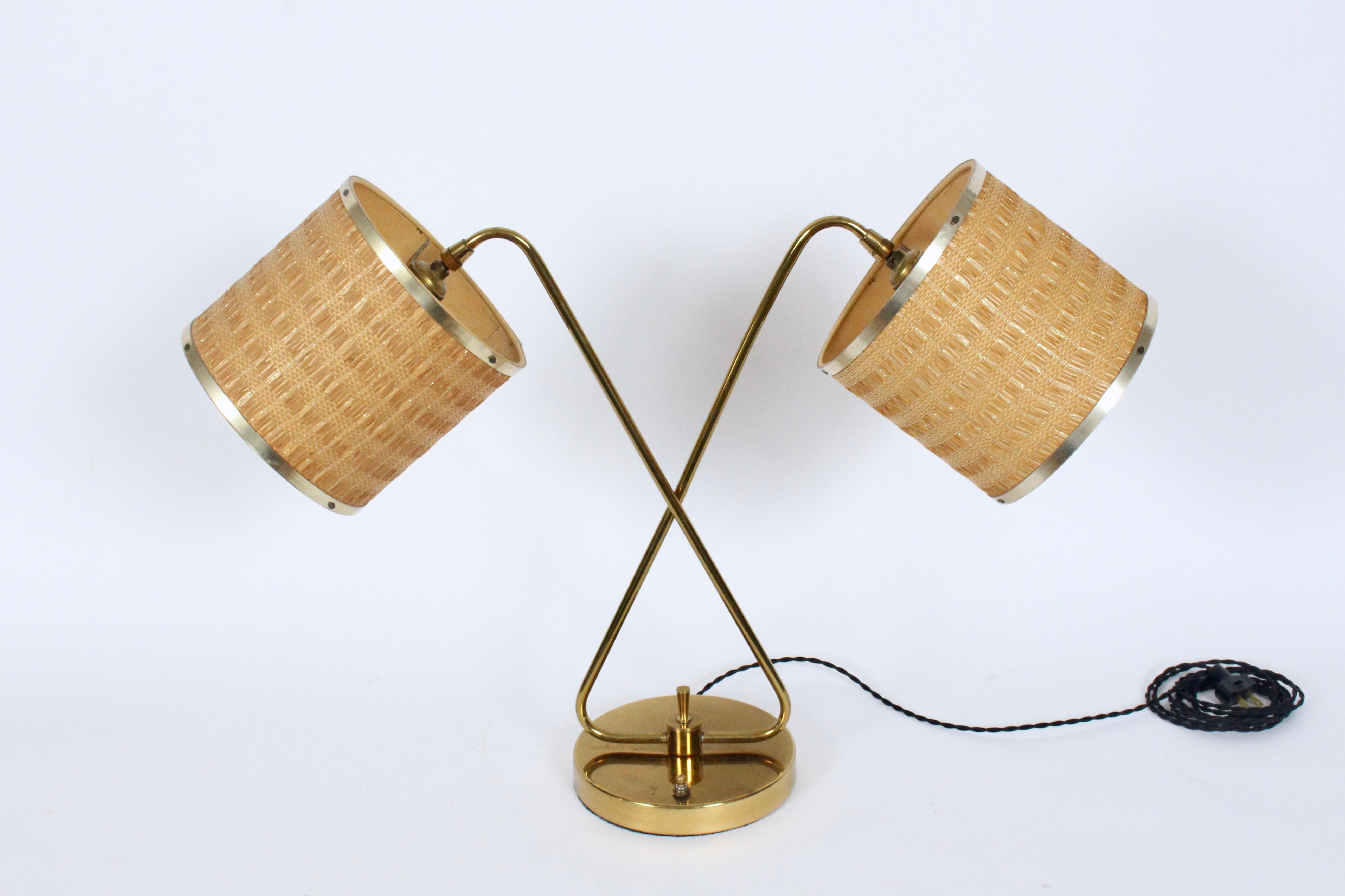 Mid-Century Modern Gerald Thurston Brass Crossed Sword Dual Shade Partners Desk Lamp, 1950's For Sale