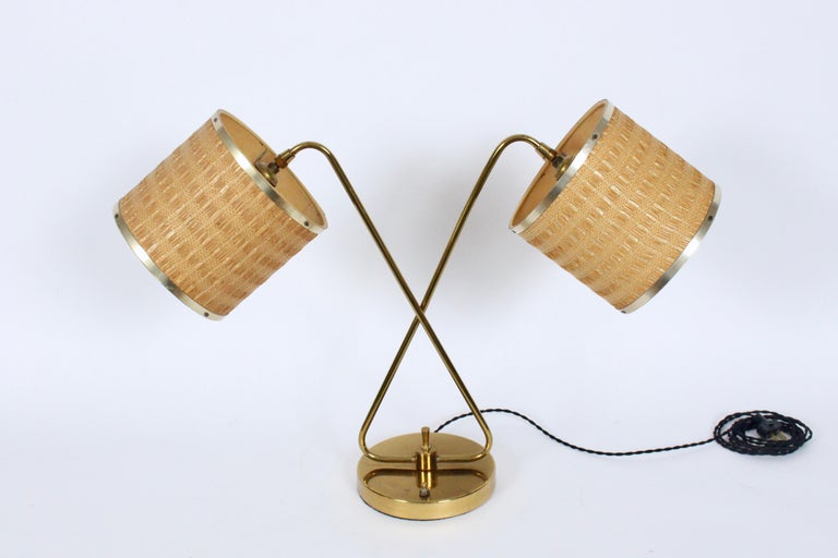 Mid-Century Modern Gerald Thurston Dual Shade Brass Desk Lamp For Sale