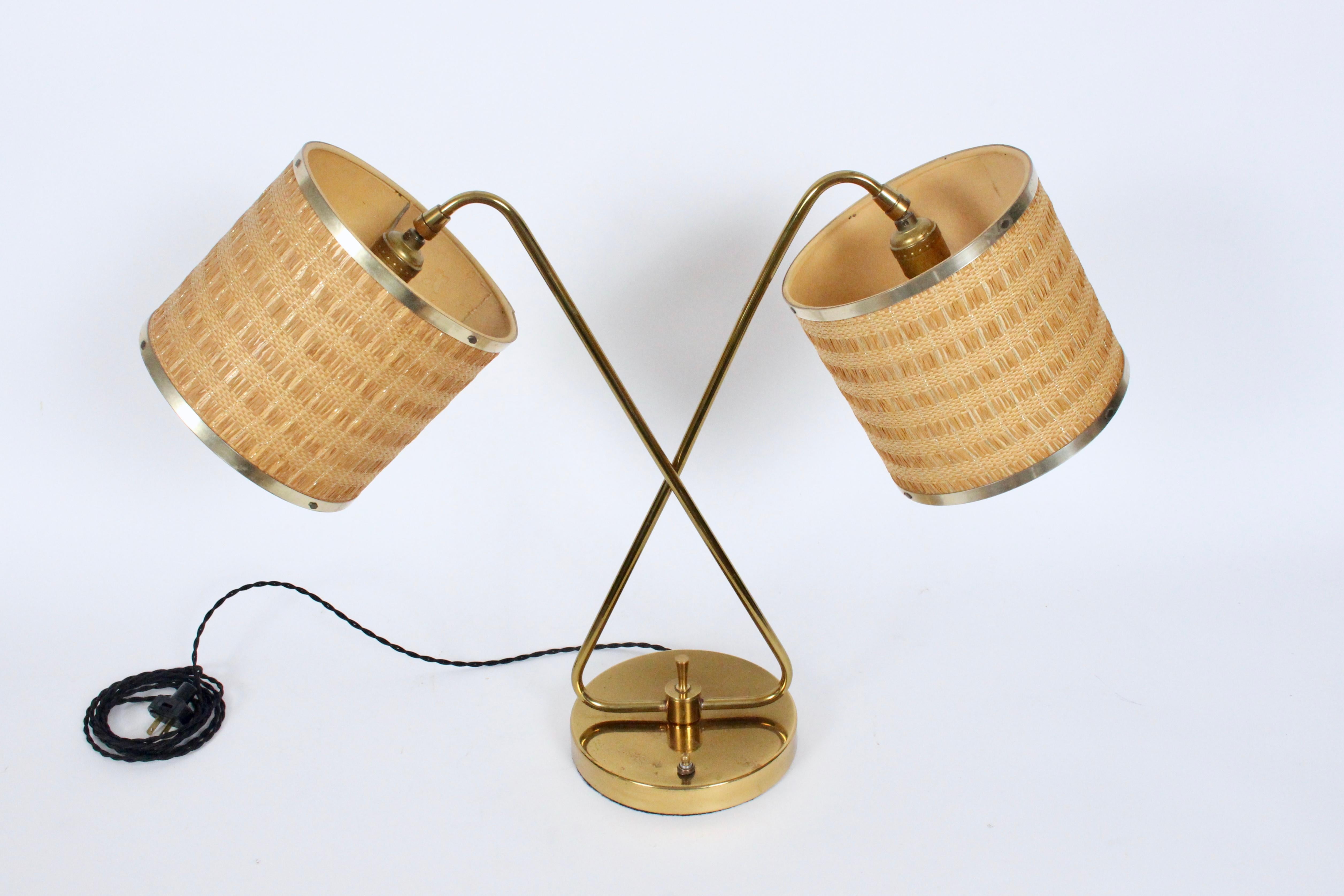 American Gerald Thurston Brass Crossed Sword Dual Shade Partners Desk Lamp, 1950's For Sale