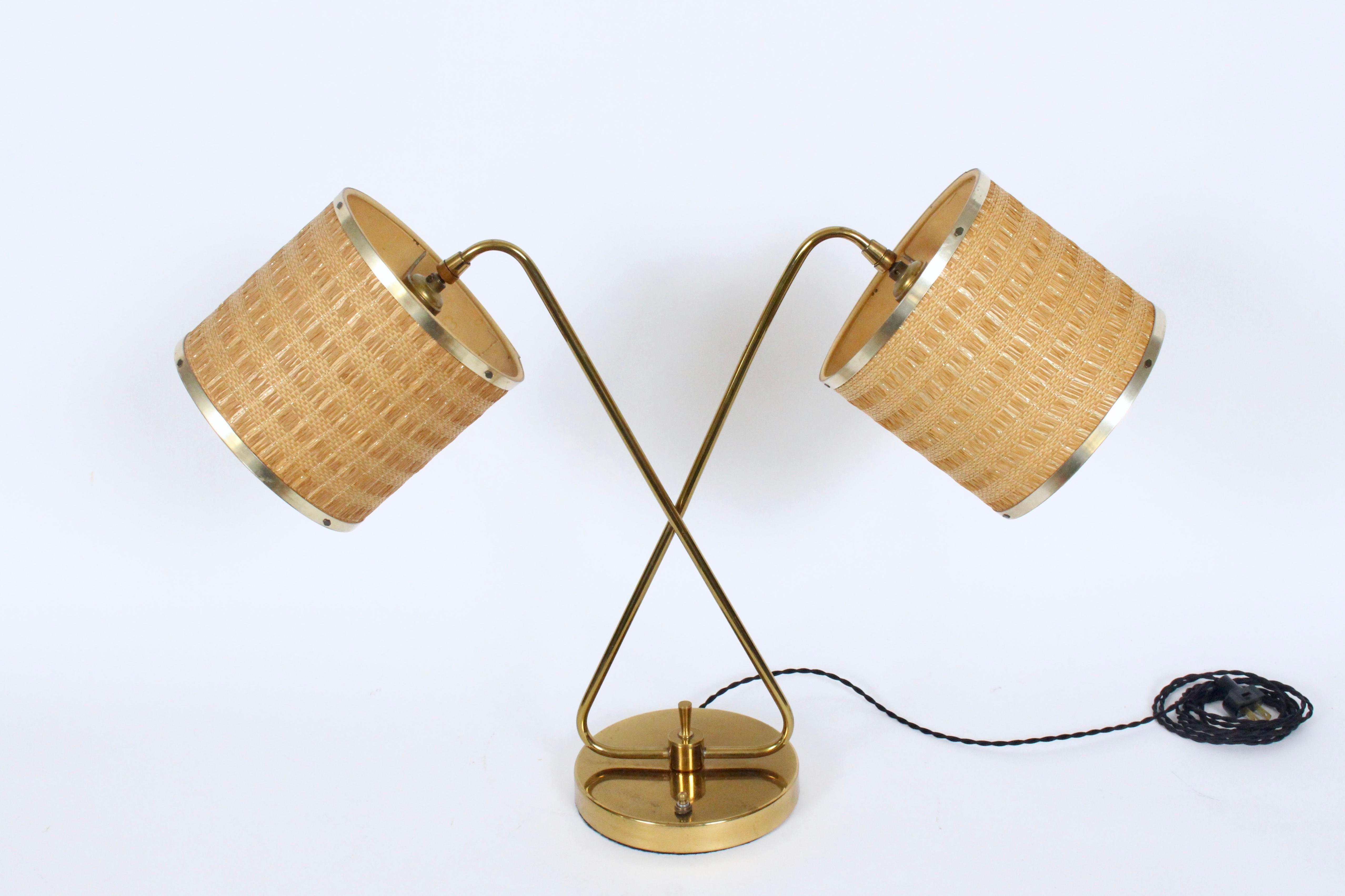 Plated Gerald Thurston Brass Crossed Sword Dual Shade Partners Desk Lamp, 1950's For Sale