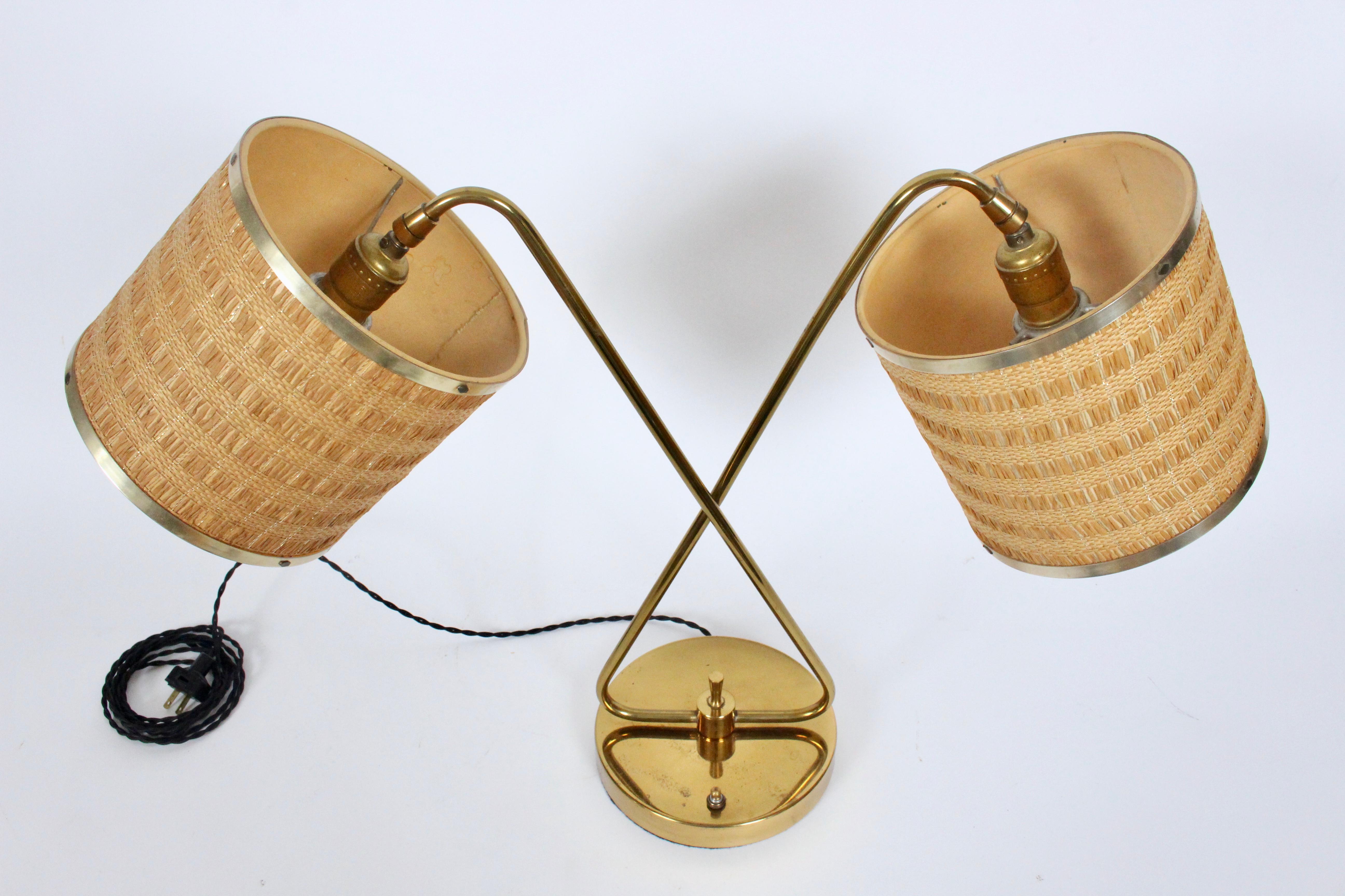 Mid-20th Century Gerald Thurston Brass Crossed Sword Dual Shade Partners Desk Lamp, 1950's For Sale