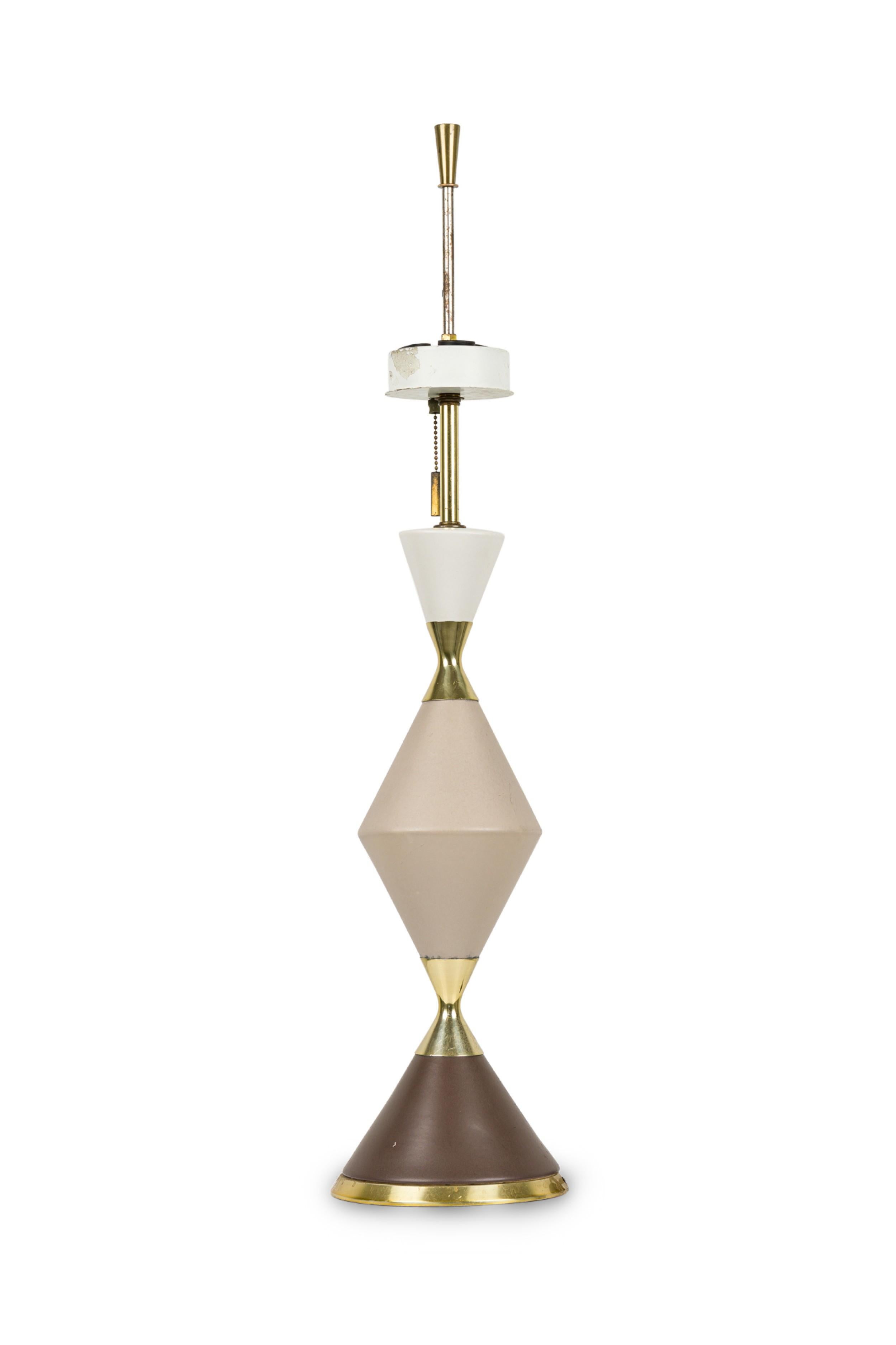 American Mid-Century Brown, Beige, and White ceramic and brass trimmed Hourglass shaped Table Lamp (GERALD THURSTON FOR LIGHOLIER)
