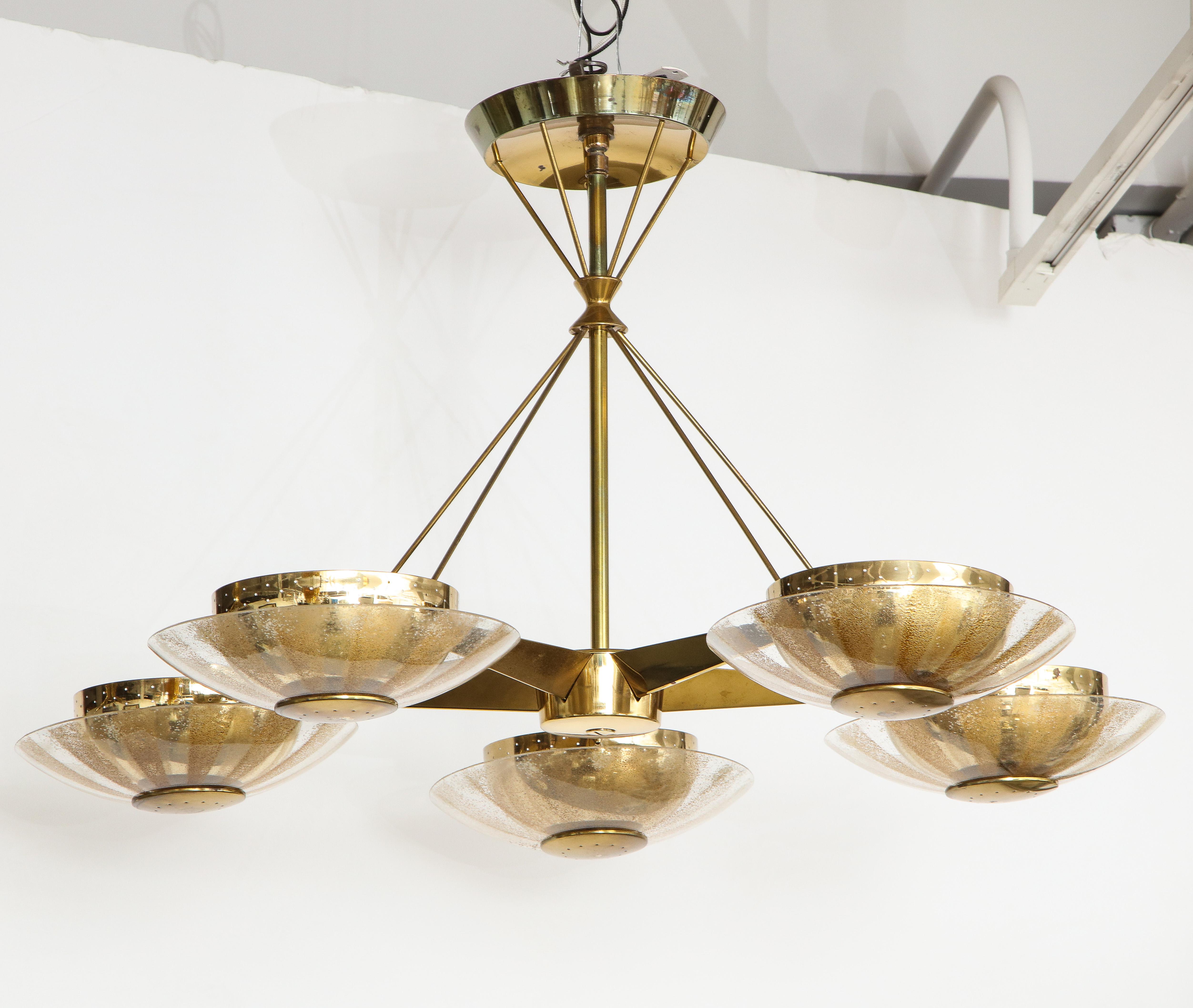 Mid-Century Modern Gerald Thurston for Lightolier Brass and Glass Chandelier