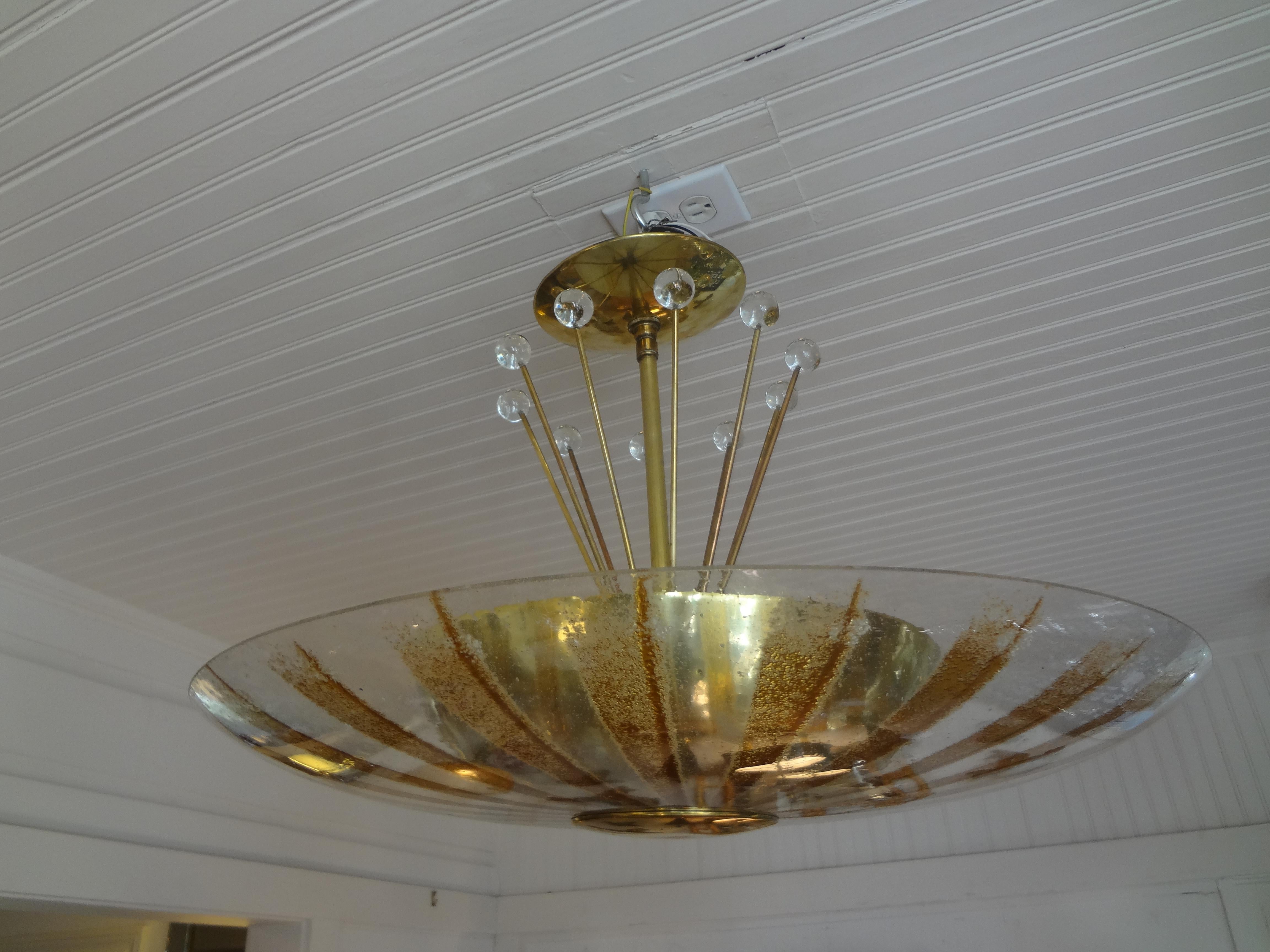 Gerald Thurston for Lightolier Brass, Glass and Crystal Chandelier 1