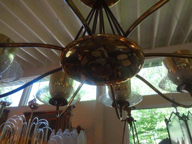 Large Gerald Thurston for Lightolier Brass, Iron and Glass Chandelier For Sale 5