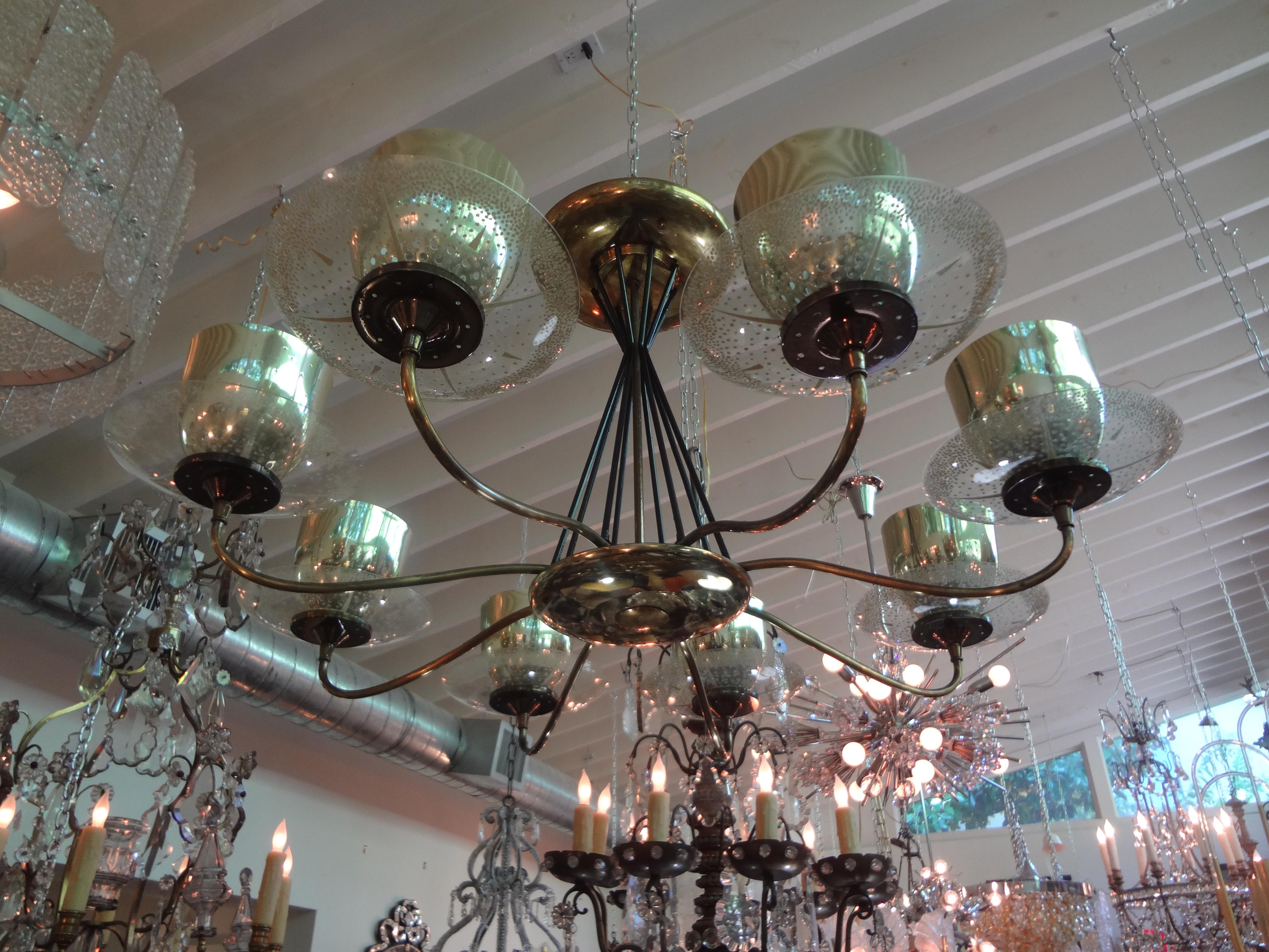 Large Gerald Thurston for Lightolier Brass, Iron and Glass Chandelier For Sale 5