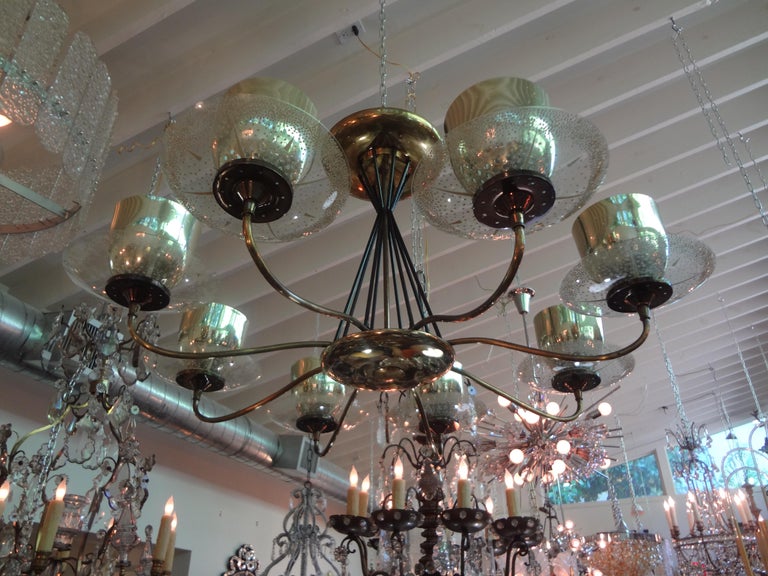 Large Gerald Thurston for Lightolier Brass, Iron and Glass Chandelier For Sale 6