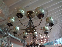 Large Gerald Thurston for Lightolier Brass, Iron and Glass Chandelier