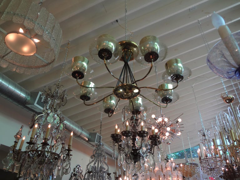 Mid-Century Modern Large Gerald Thurston for Lightolier Brass, Iron and Glass Chandelier For Sale