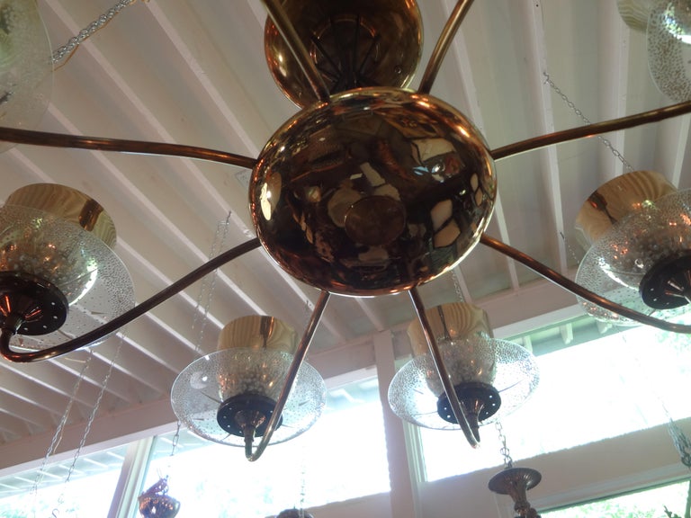 North American Large Gerald Thurston for Lightolier Brass, Iron and Glass Chandelier For Sale