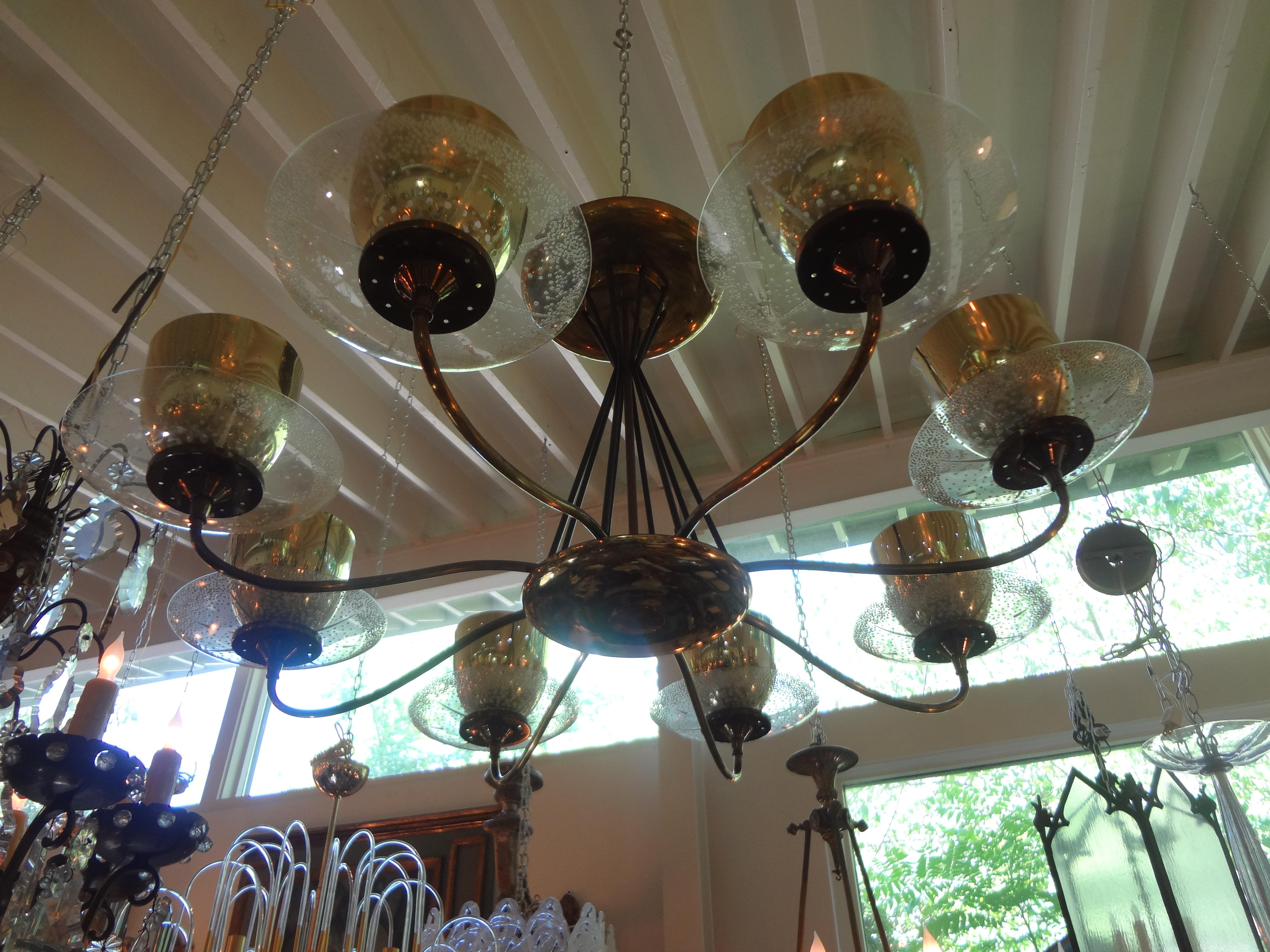 Large Gerald Thurston for Lightolier Brass, Iron and Glass Chandelier In Good Condition For Sale In Houston, TX