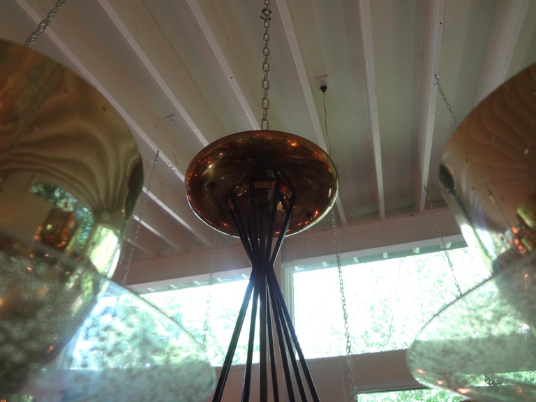 Large Gerald Thurston for Lightolier Brass, Iron and Glass Chandelier For Sale 2