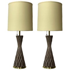 Gerald Thurston for Lightolier Ceramic Porcelain and Brass Honeycomb Lamps, Pair