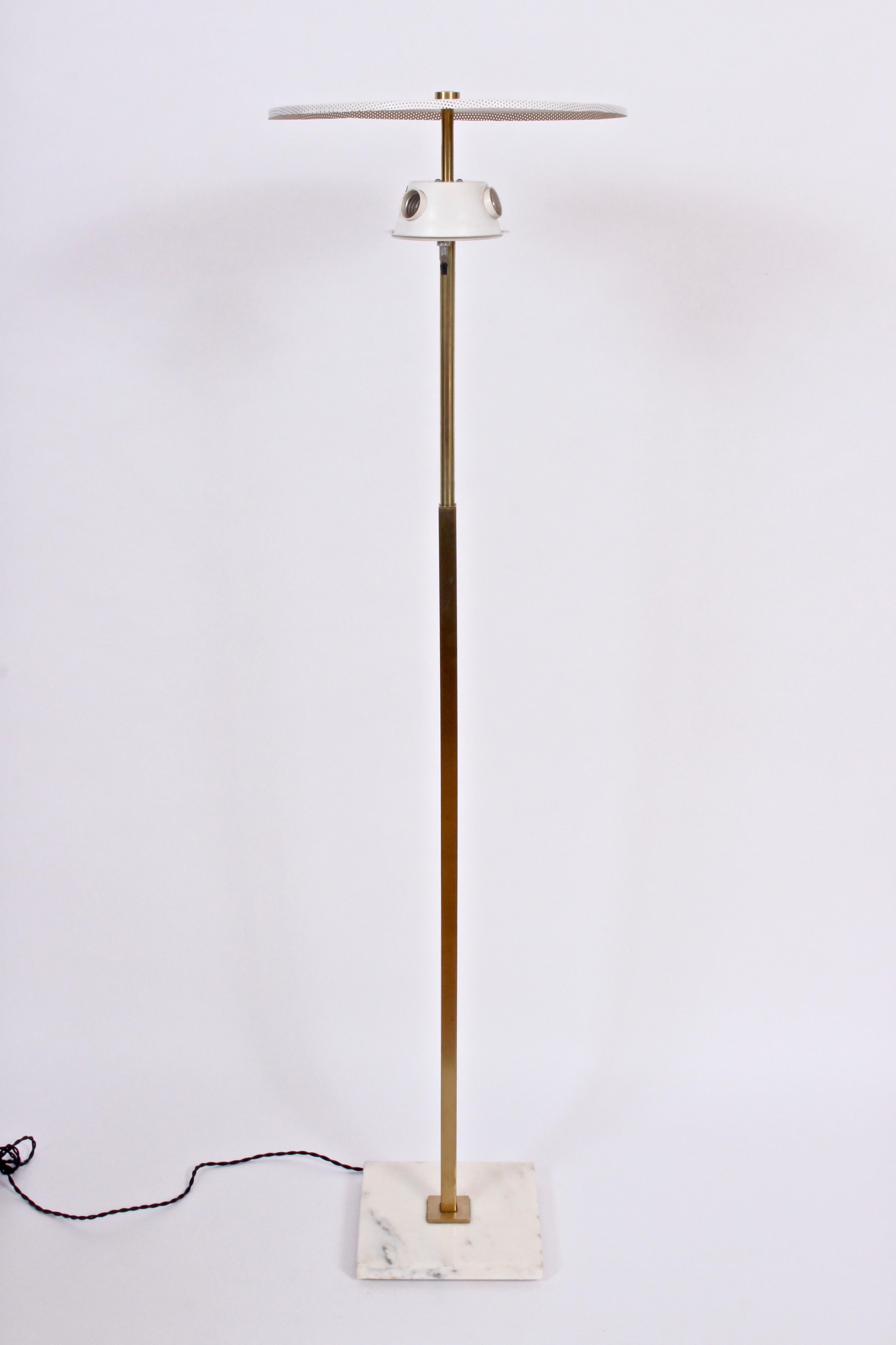 Gerald Thurston for Stiffel marble and brass reading floor lamp, early 1960's. Featuring a lower brass square stem flowing to upward round stem, new 19 D x 8 D white linen shade and square marble base.  White diffuser. Triple sockets. Classic.