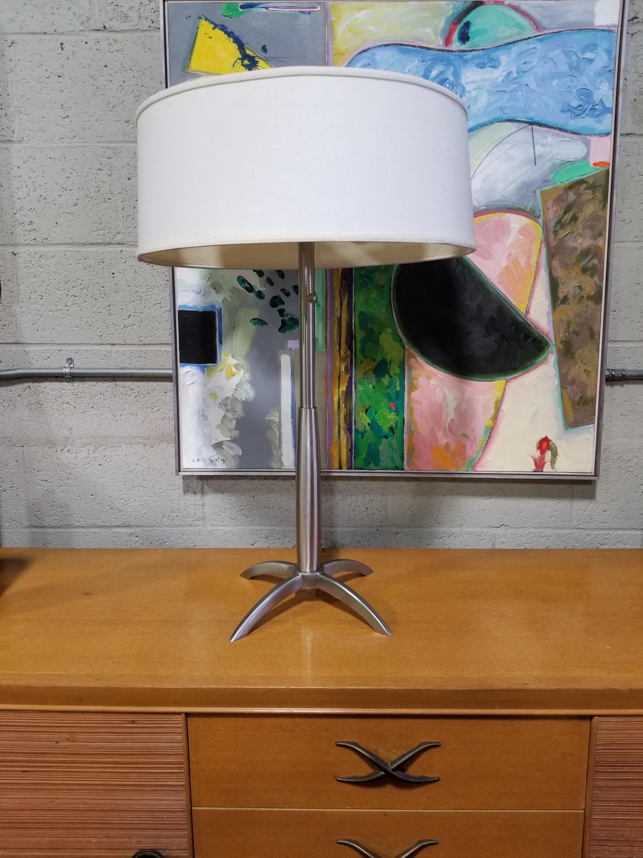 Industrial modern style steel table lamp designed by Gerald Thurston for Stiffel Lighting. Double sockets with pierced metal light defuser. Original shade. Retains Stiffel label. Excellent original condition with light wear to shade. Shade only