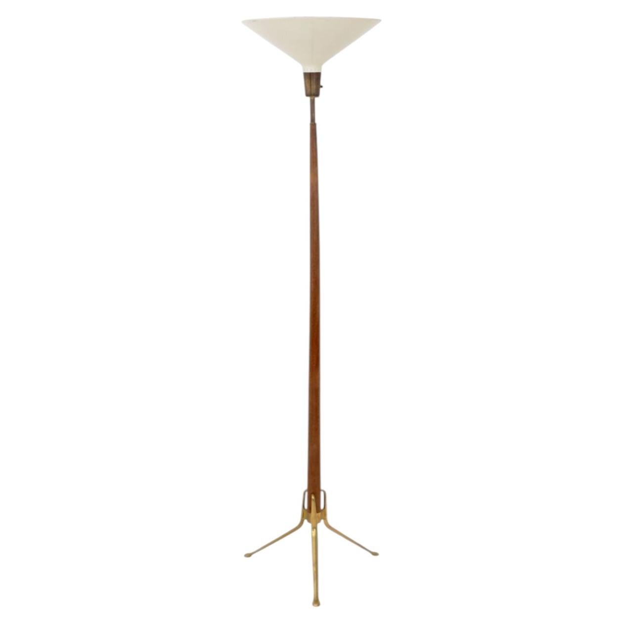 Gerald Thurston for Lightolier Tripod Wood Floor Lamp, White Metal Shade For Sale