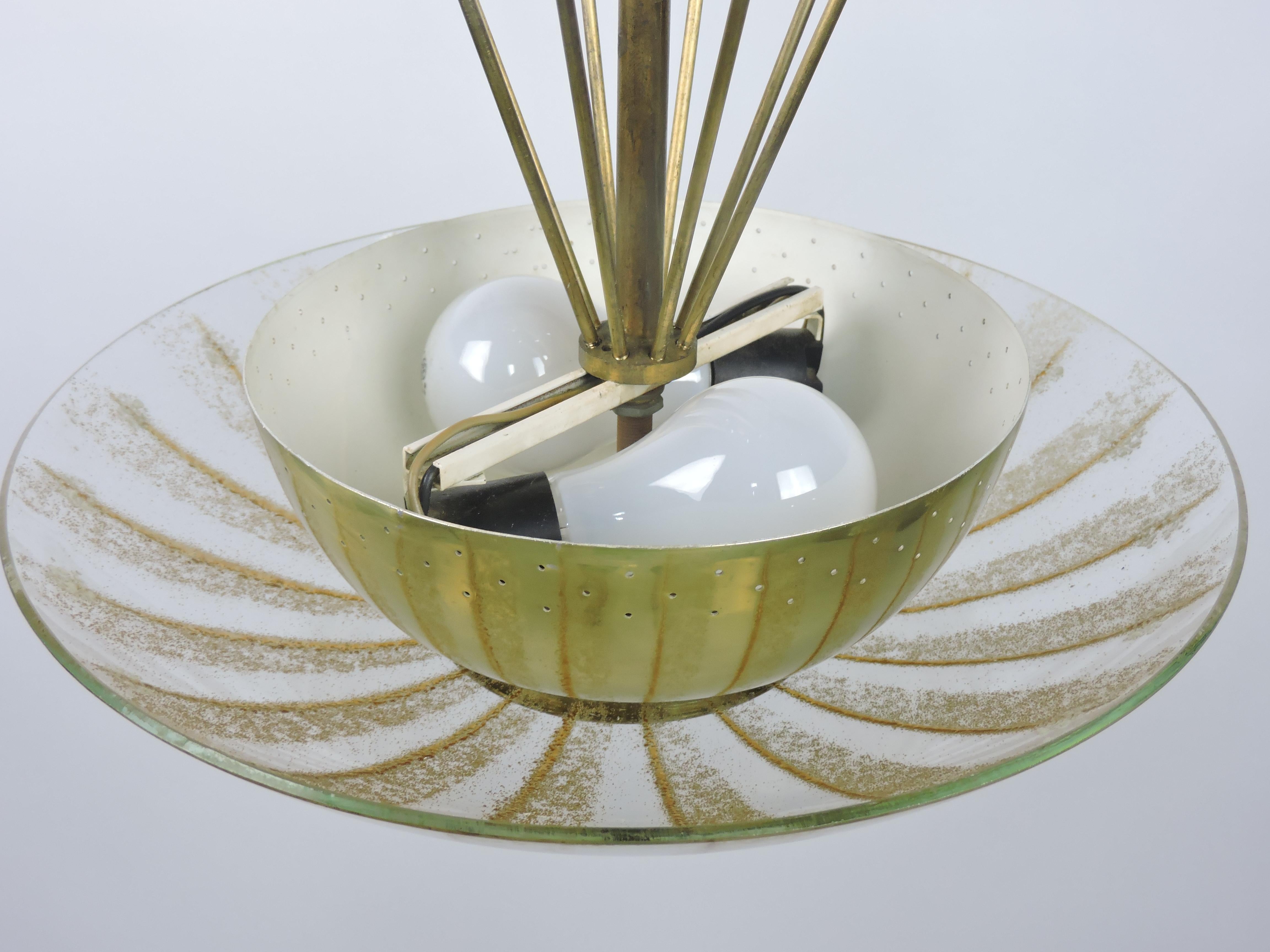 Brass Gerald Thurston Mid Century Modern Claremont Glass Pendant Light for Lightolier