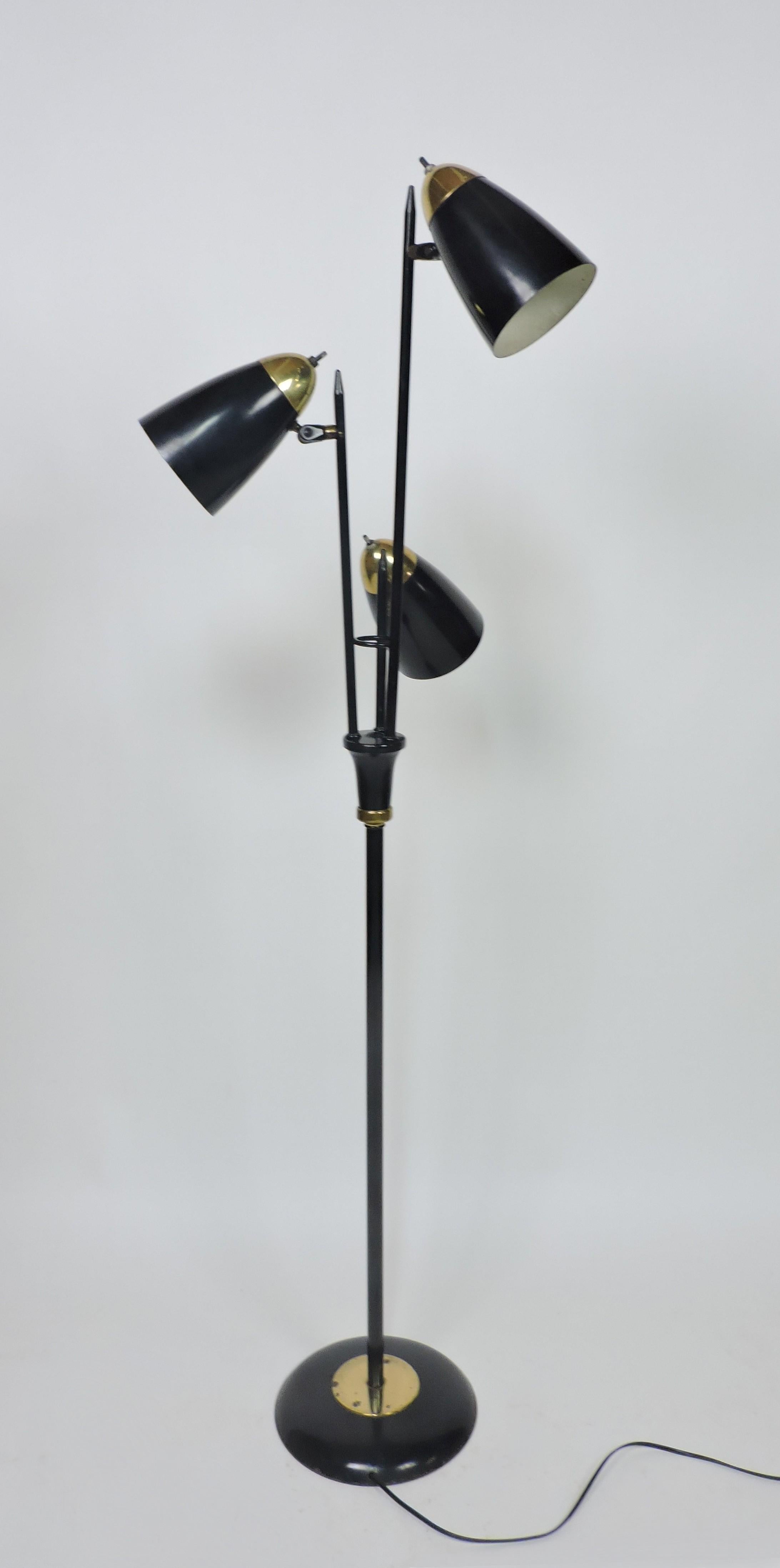American Gerald Thurston Mid Century Modern Triannale Adjustable Floor Lamp Black Brass