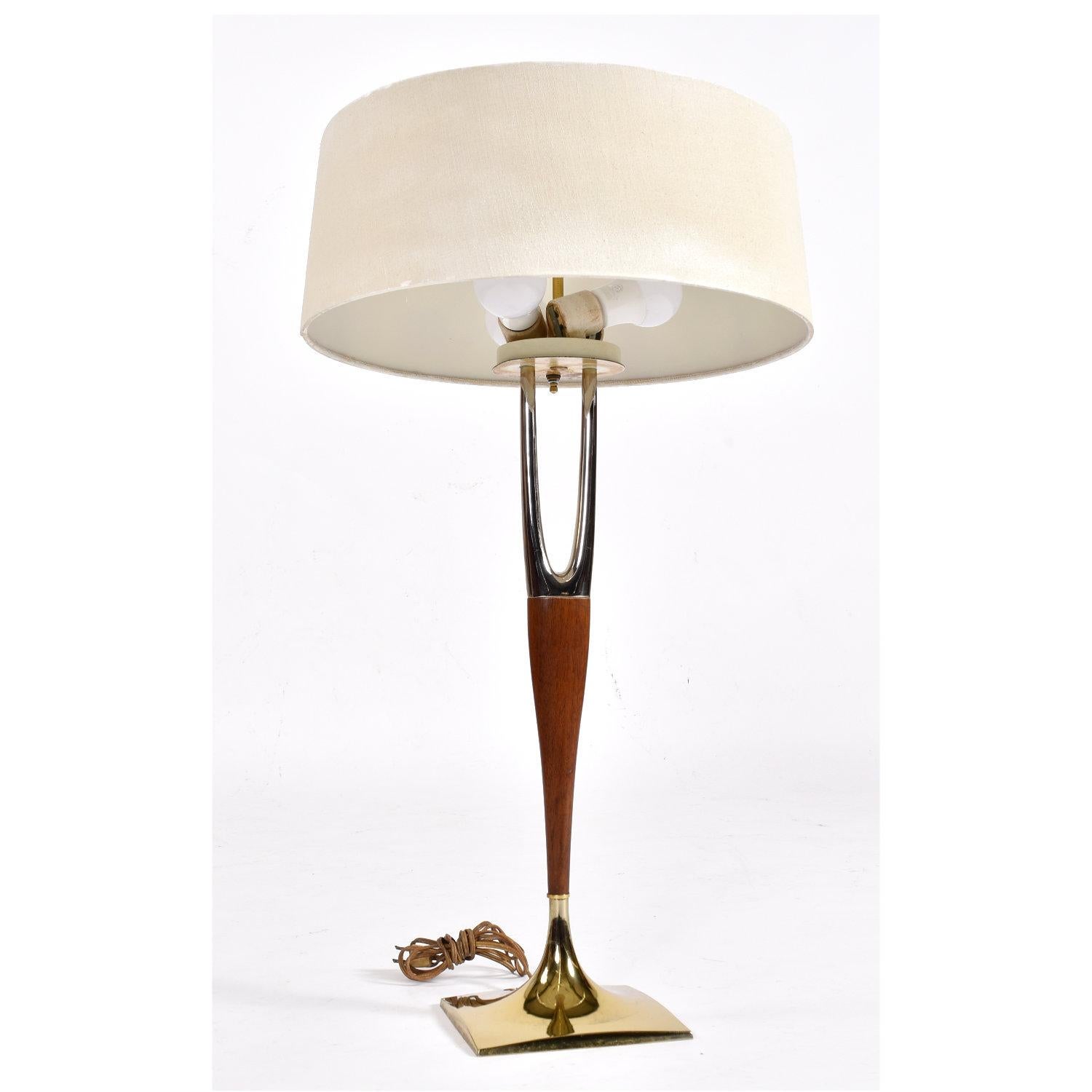 Américain Lampe Gerald Thurston mi-siècle moderne à chevrons avec abat-jour d'origine en vente
