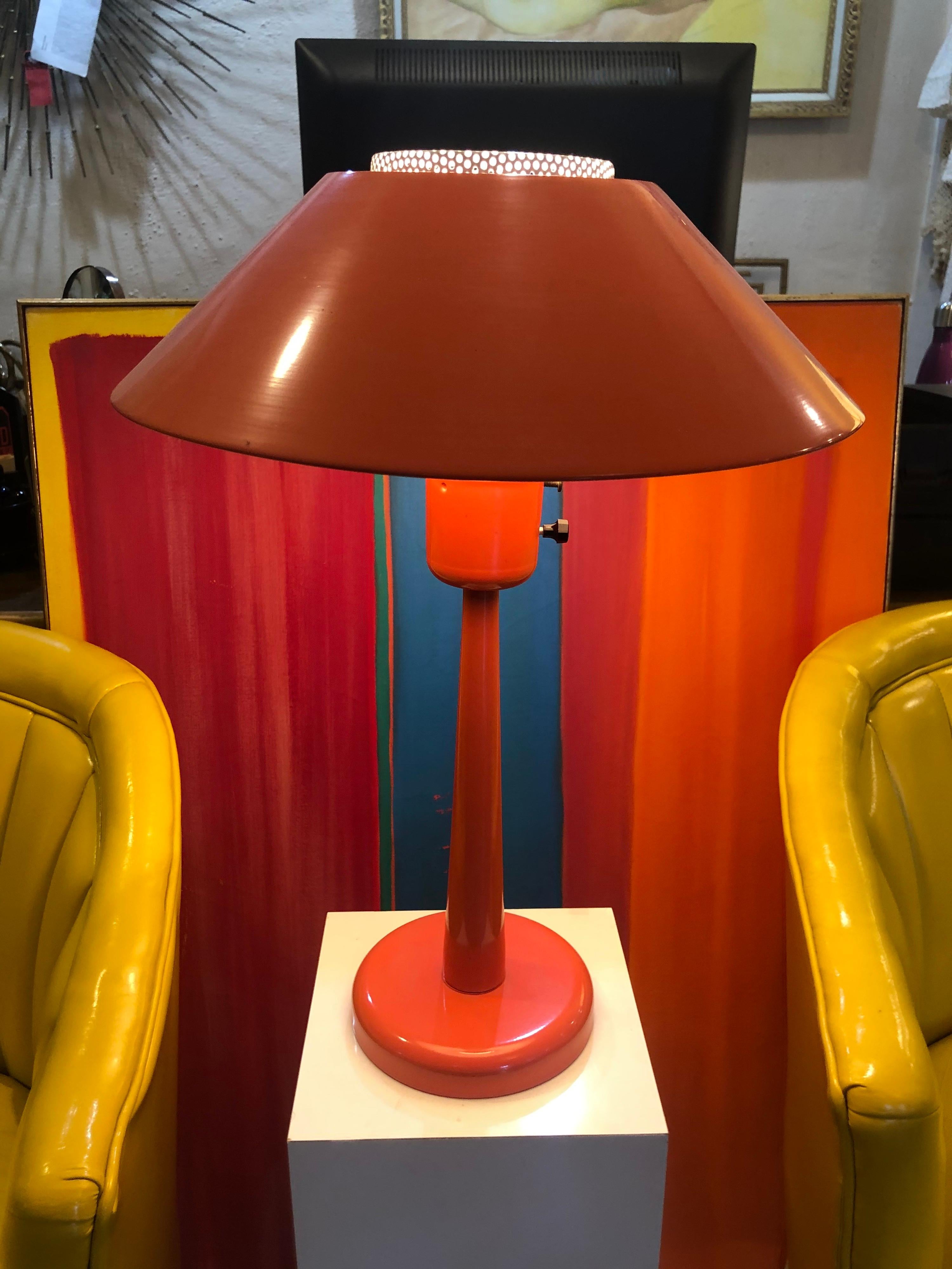 Gerald Thurston orange table lamp by Lightolier. In amazing vintage condition. Gorgeous statement piece for your desk. Very rare, one of a kind. Lamp base is 6 inches in diameter