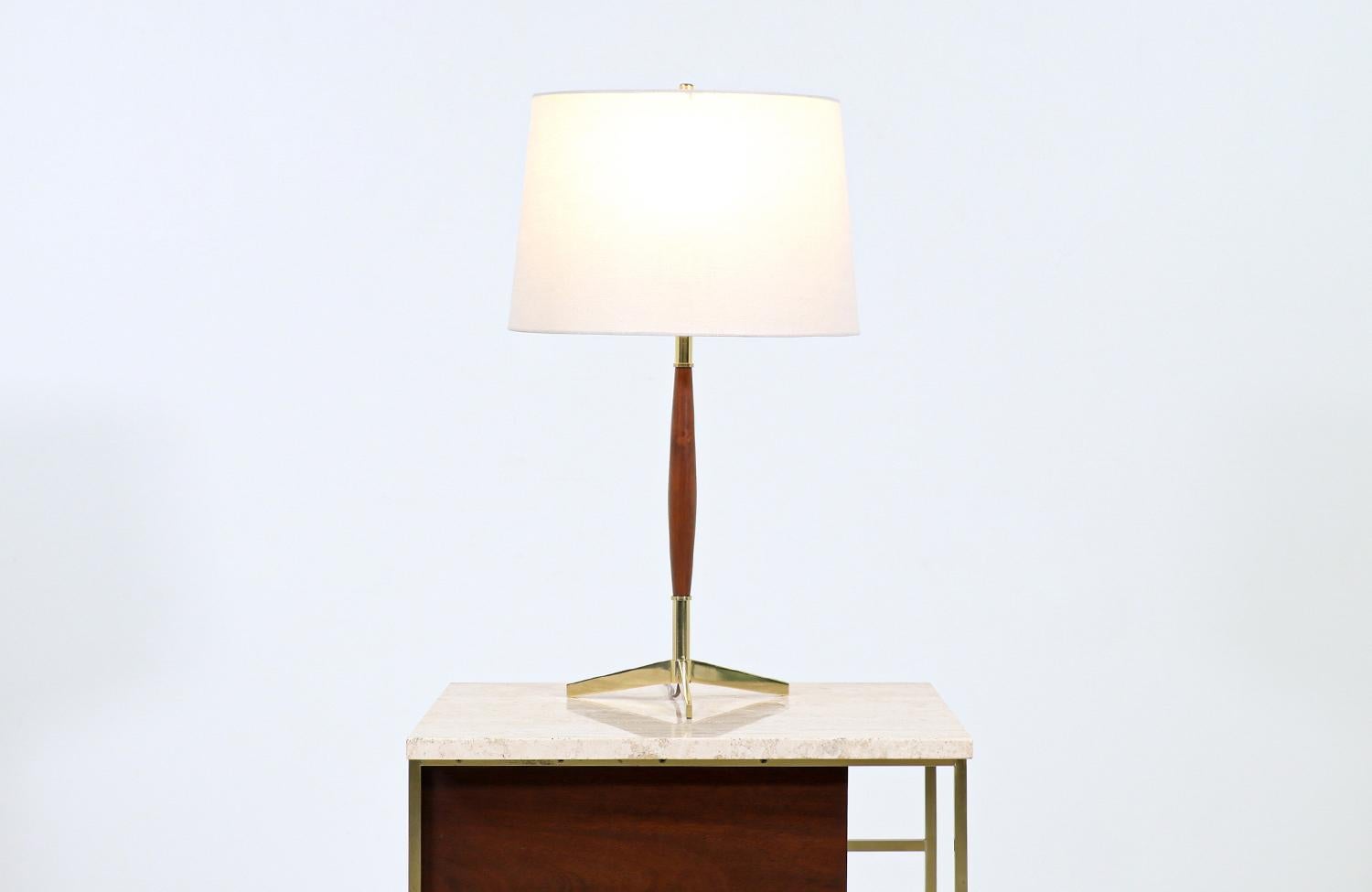 Dimensions:

26in H x 10in W x 10in D
Lamp shade: 10in H x 15in W.

_______________________________________________________________

Transforming a piece of Mid-Century Modern furniture is like bringing history back to life, and we take this journey