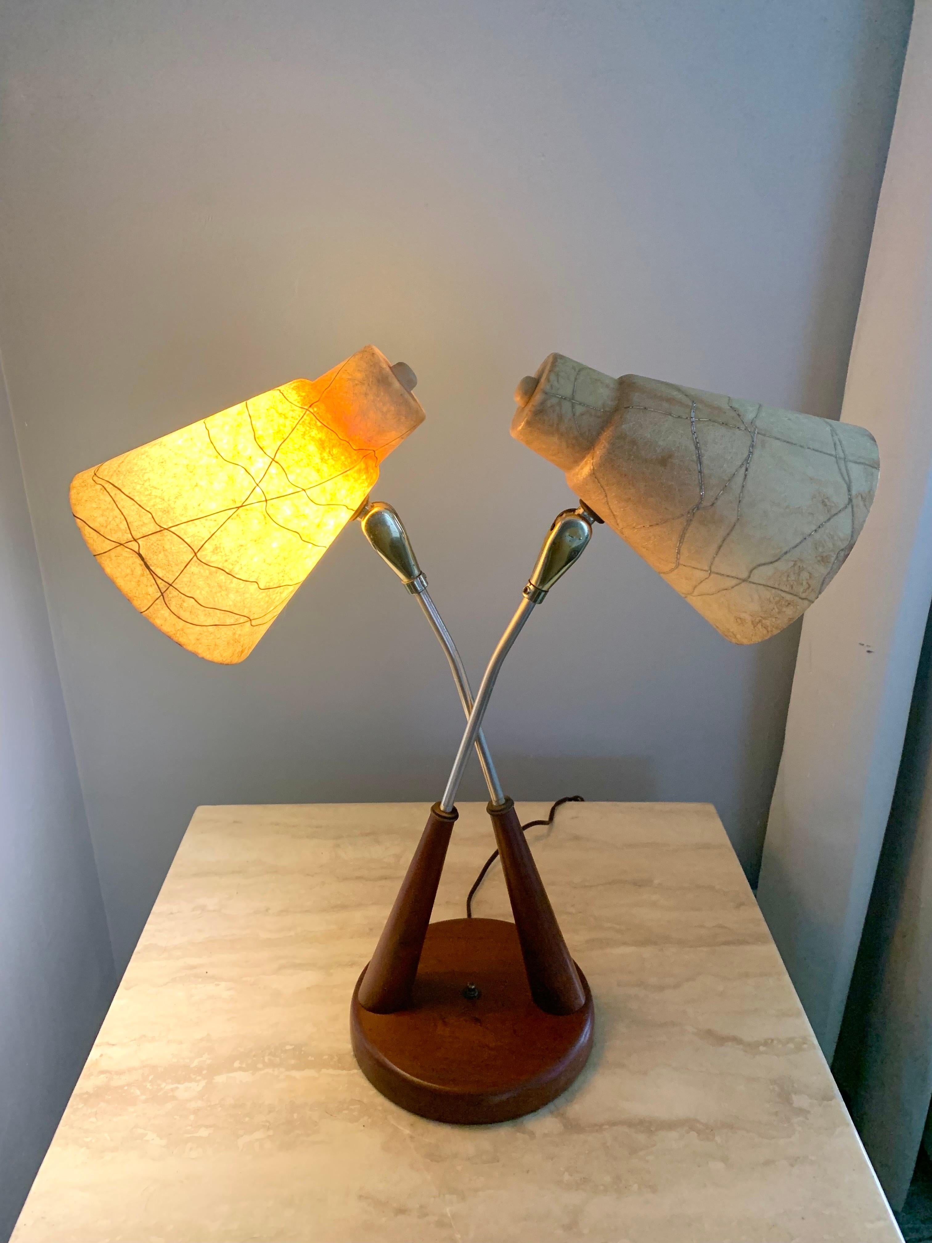 Metal Gerald Thurston Style Two Headed Table Lamp, 1950s For Sale