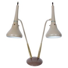 Gerald Thurston Taupe Enamel & Brass Double Cone Desk Lamp, Circa 1960