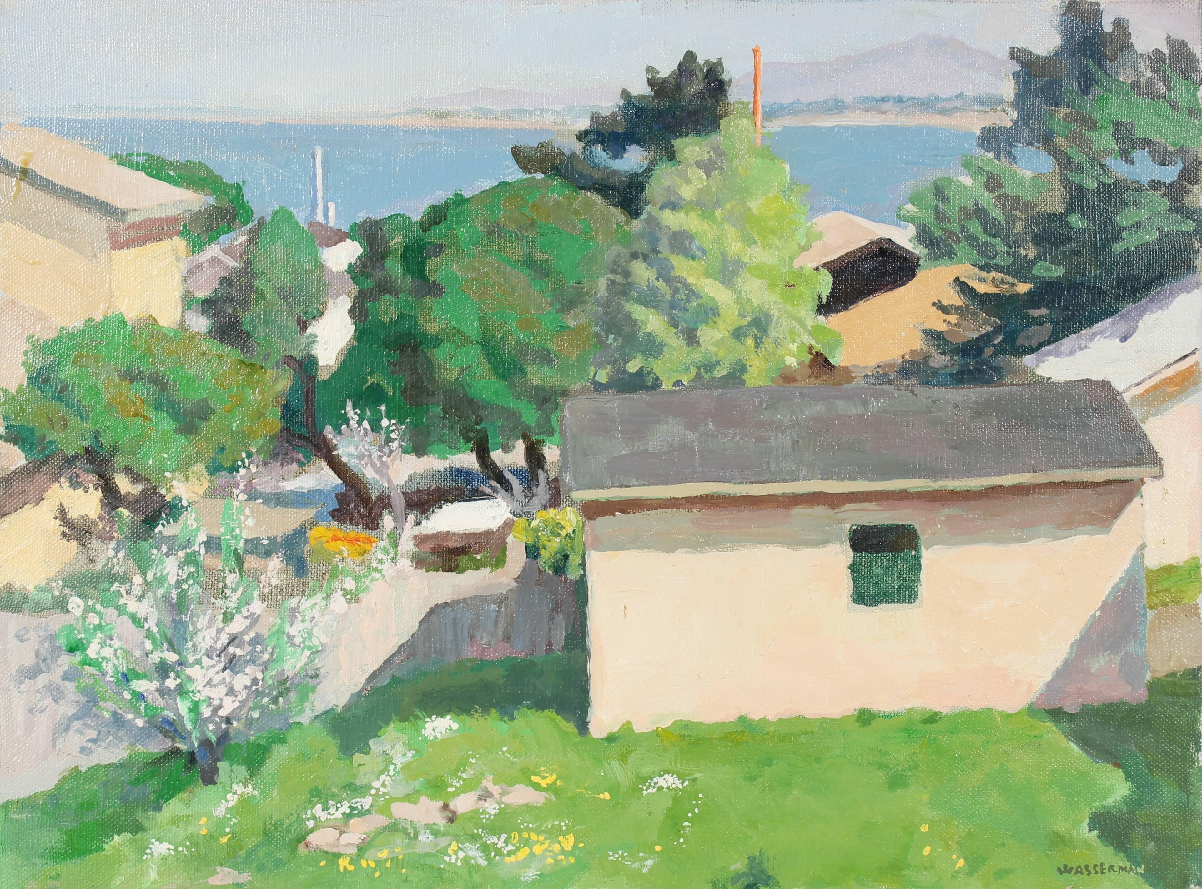 Gerald Wasserman Landscape Painting - Bay Area Neighborhood with Trees, Oil on Canvas, Circa 1989