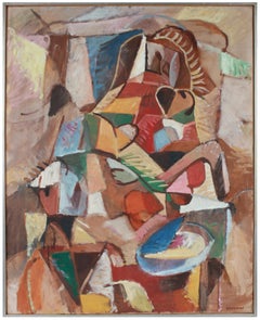 Large Oil Painting of Colorful Abstracted Scene with People, Mid 20th Century